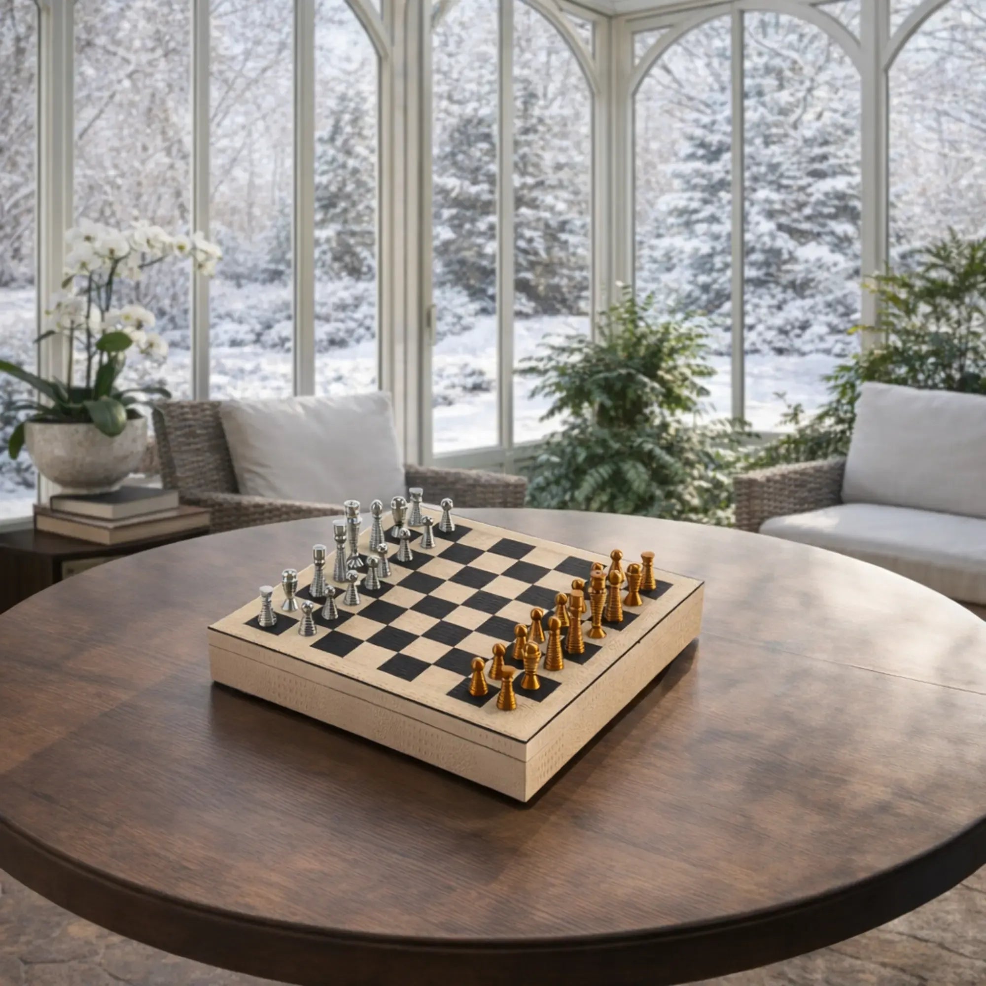 Schachspiel - Strategisches Brettspiel – Schach-Set mit Metallfiguren auf Lederbox in Kroko-Prägung, Bicolor Gold & Silber – Ars Strategica Nan