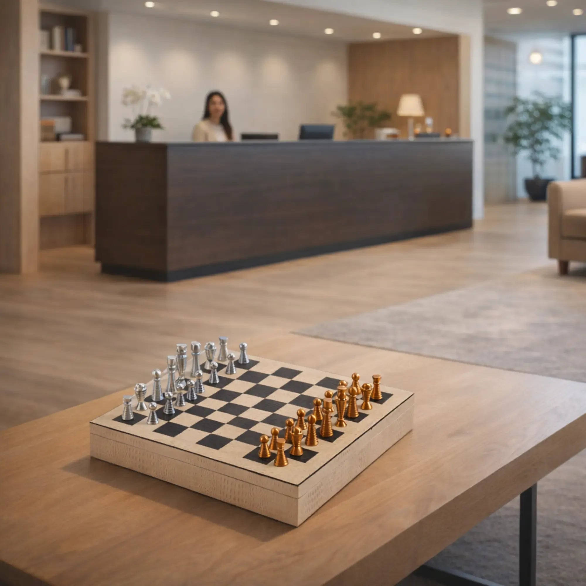 Schachspiel - Strategisches Brettspiel – Schach-Set mit Metallfiguren auf Lederbox in Kroko-Prägung, Bicolor Gold & Silber – Ars Strategica Nan