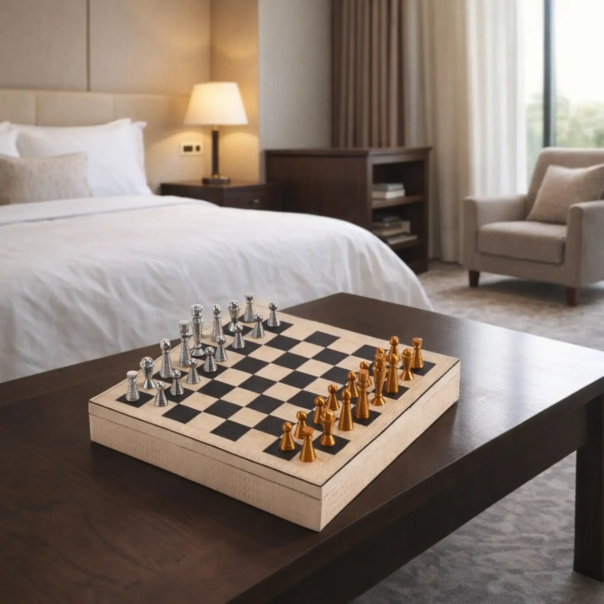 Schachspiel - Strategisches Brettspiel – Schach-Set mit Metallfiguren auf Lederbox in Kroko-Prägung, Bicolor Gold & Silber – Ars Strategica Nan