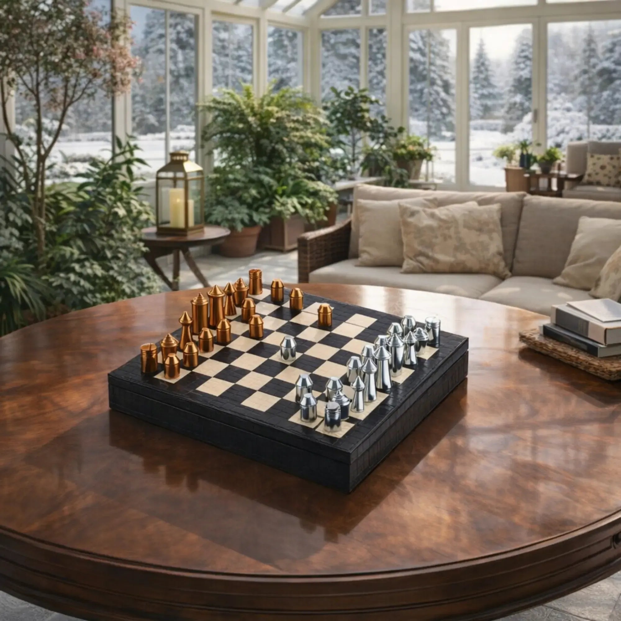 Schachspiel - Design-Brettspiel – Metall-Schach auf strukturiertem Lederkorpus, Chrom & Kupfer – Échecs Aurea Nan