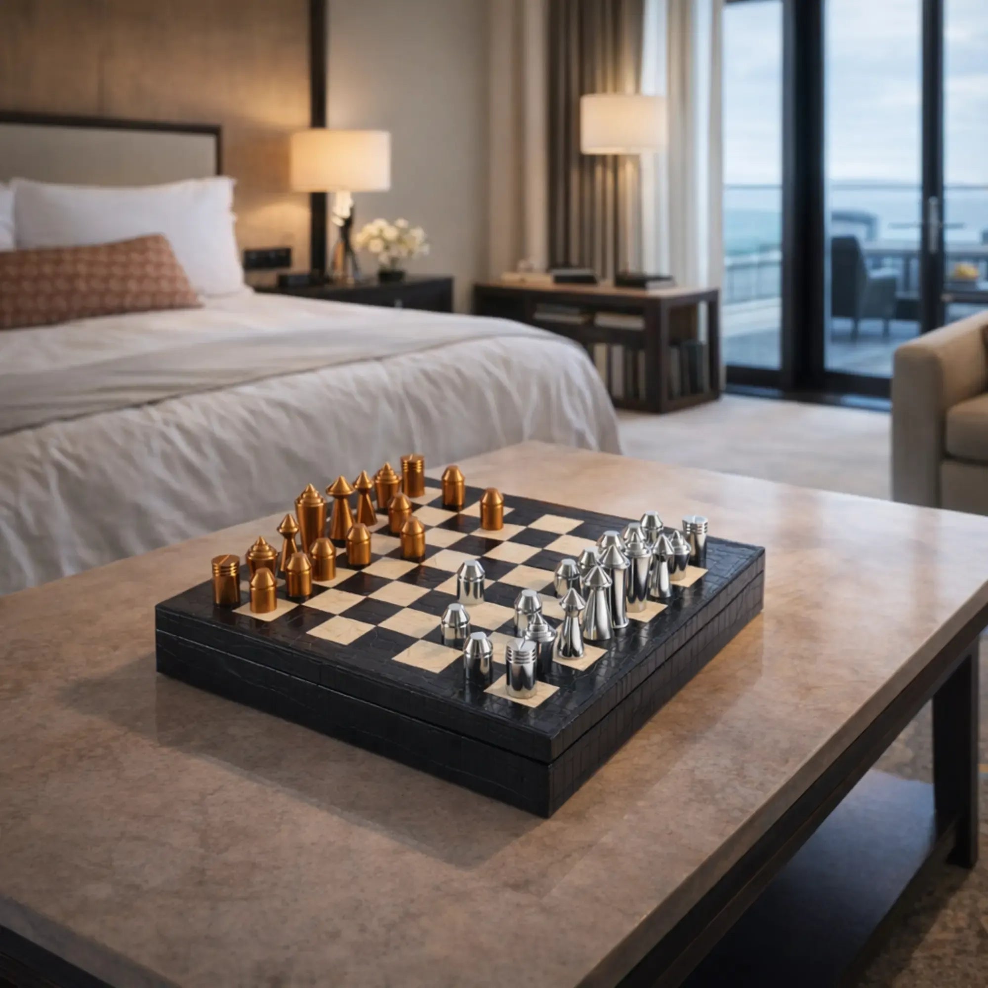 Schachspiel - Design-Brettspiel – Metall-Schach auf strukturiertem Lederkorpus, Chrom & Kupfer – Échecs Aurea Nan