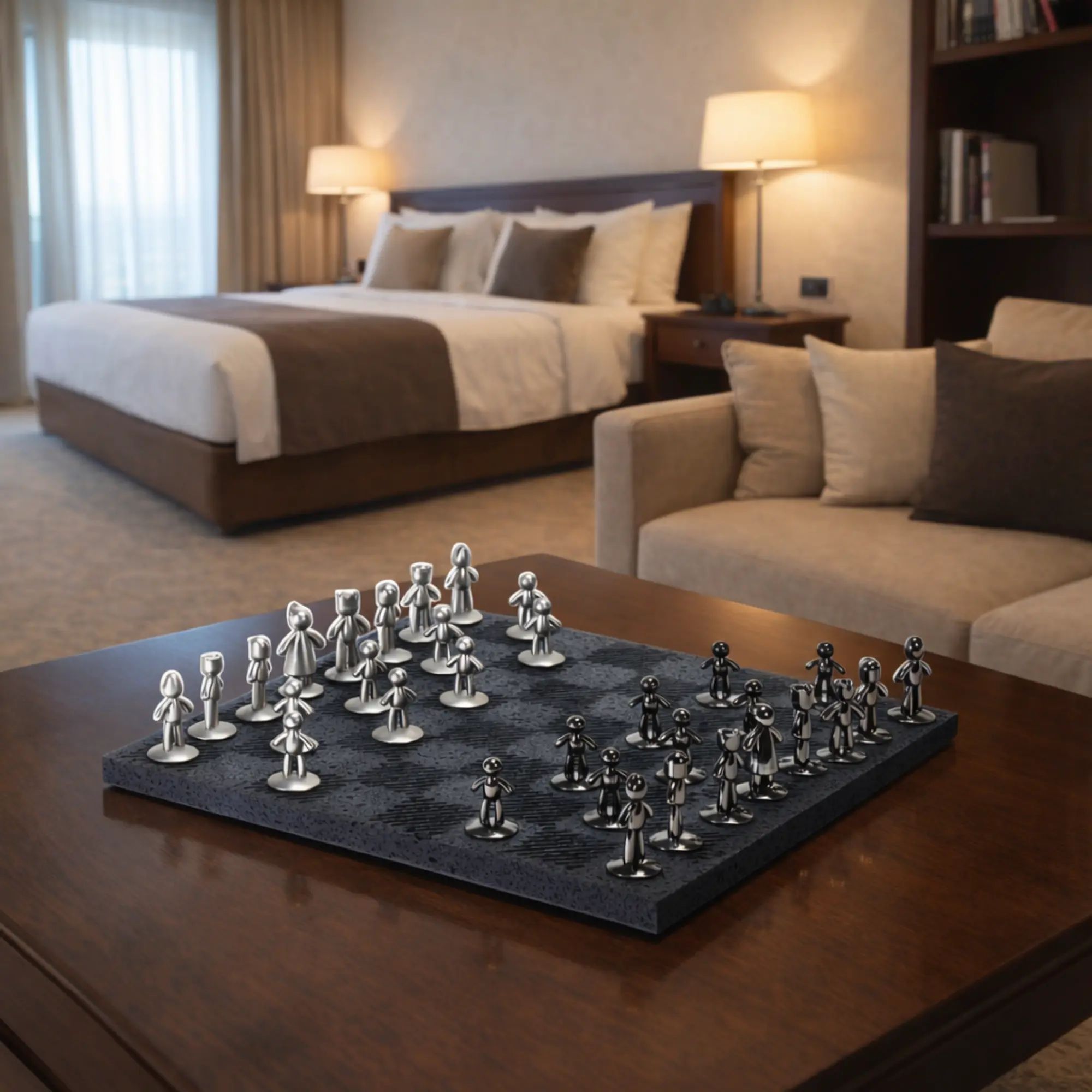 Schachspiel - Design-Spiel Skulpturales Metall auf Strukturbrett – Modernes Schachbrett mit polierten Figuren Equilibrio Nan