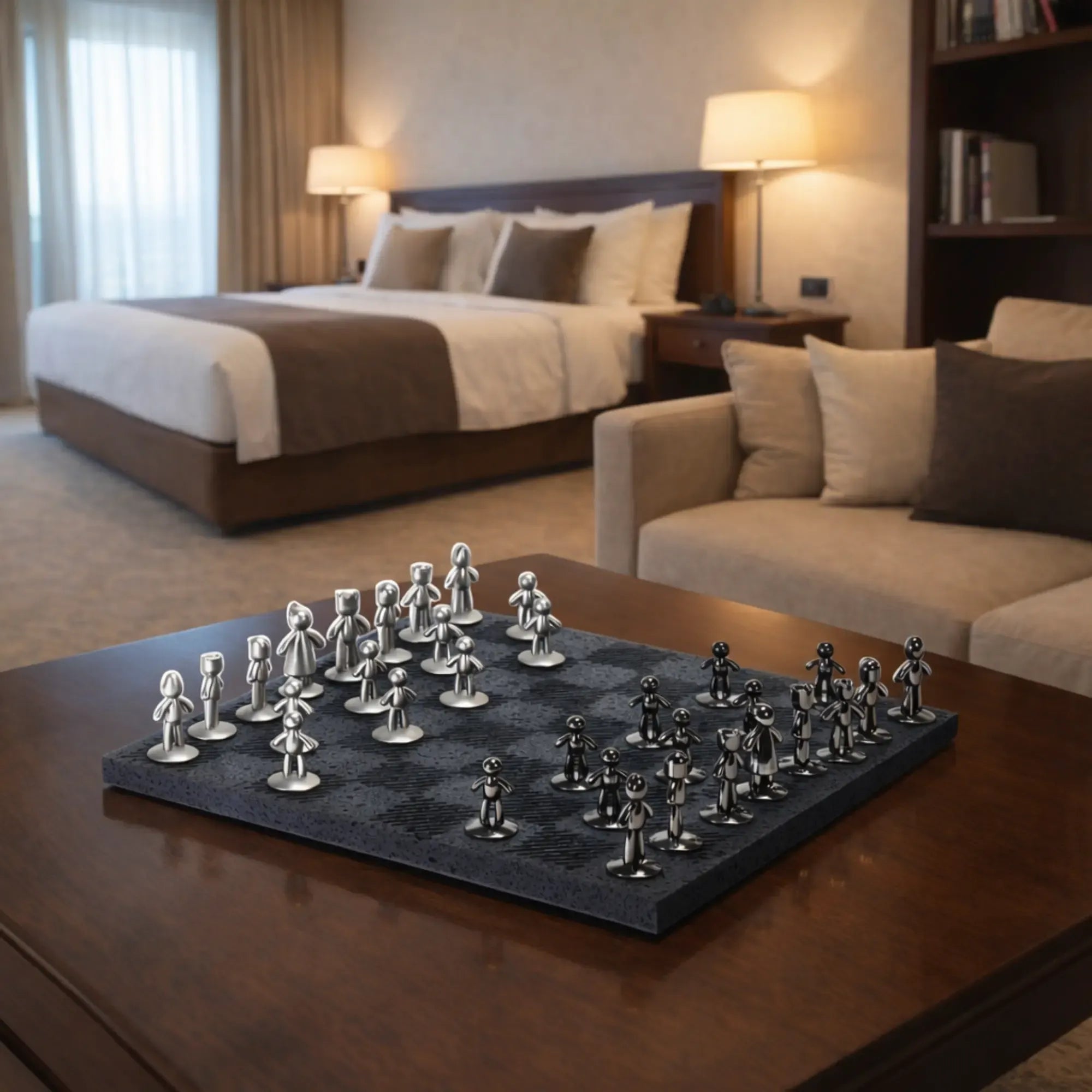 Schachspiel - Design-Spiel Skulpturales Metall auf Strukturbrett – Modernes Schachbrett mit polierten Figuren Equilibrio Nan