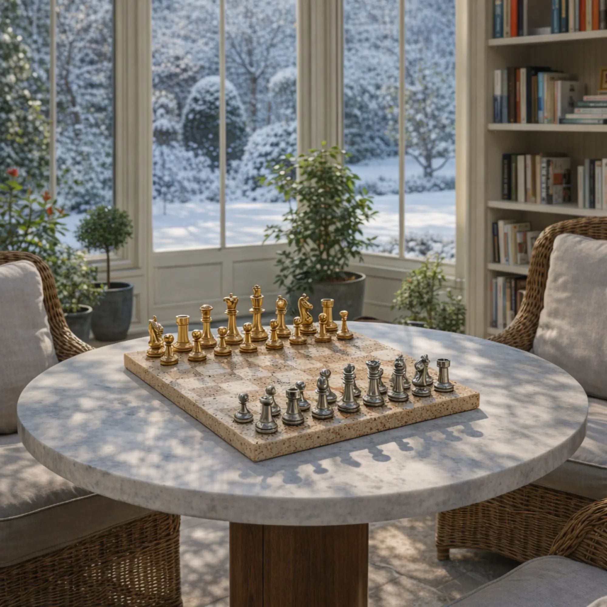 Schachspiel - Erlesenes Brettspiel – Schach-Set auf Steinplatte mit Metallfiguren in Gold & Silber Aurea Argentum Classique Nan