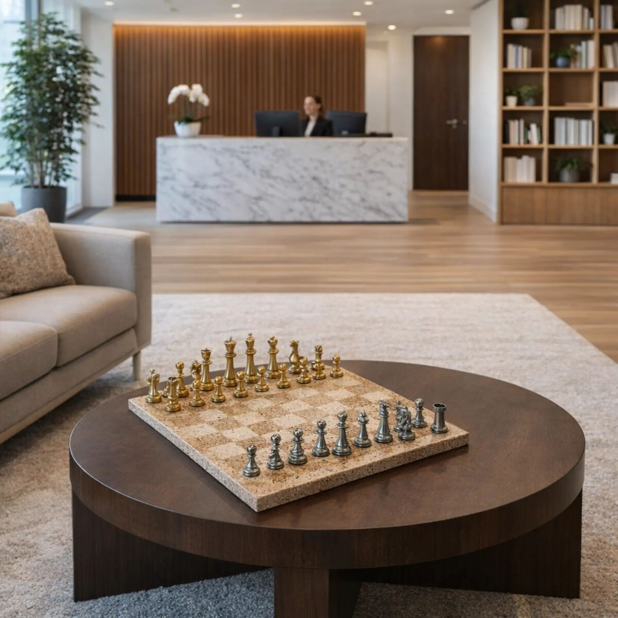 Schachspiel - Erlesenes Brettspiel – Schach-Set auf Steinplatte mit Metallfiguren in Gold & Silber Aurea Argentum Classique Nan