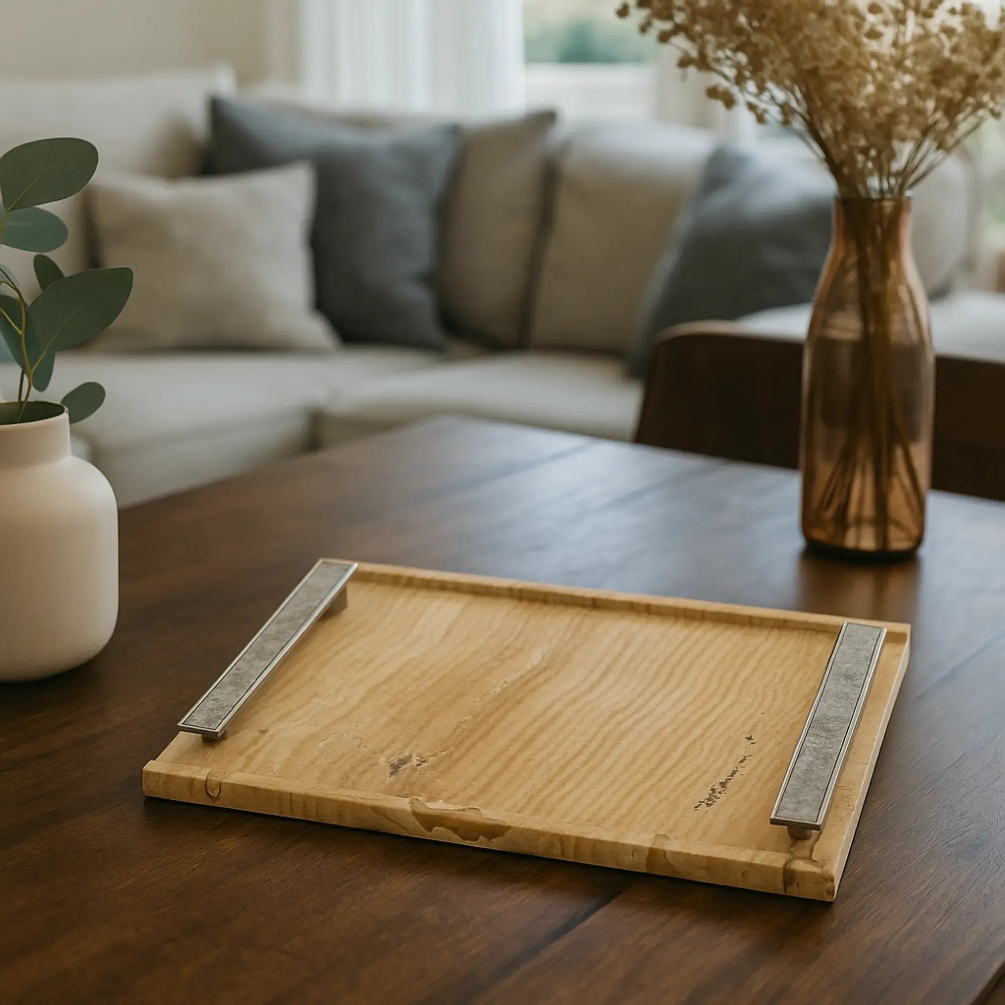 Tablett - Naturstein mit Metallgriffen - Serviertablett – Rechteckiges Marmortablett Servierplatte Aurea Nan