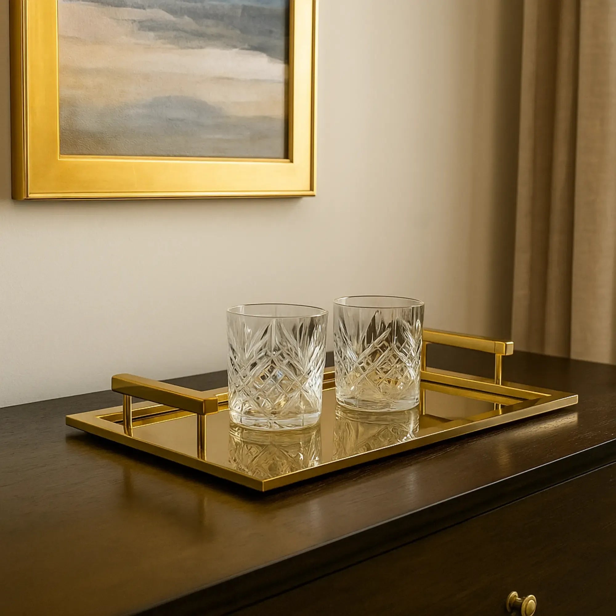 Serviertablett - mit Griff Gold - Edles Tragetablett rechteckig Glatis