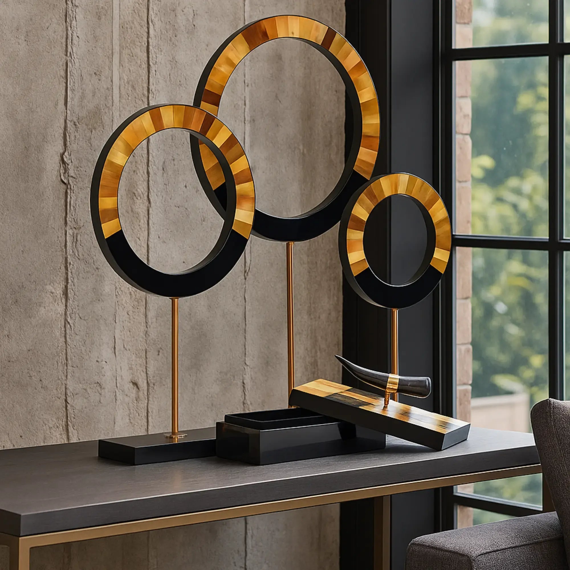 Dekoobjekt-Set - aus 3 Holzringen - Tisch und Regal Holzdekoration Designer Ringe Evidenza Gold