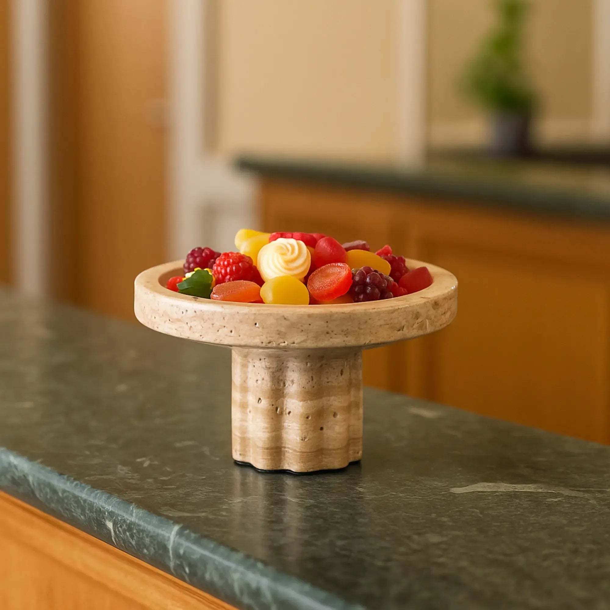 Travertindeko-Schale - rund 19cm auf Fuß - Edle Servierplatte Deko Sockelschale Coppa Romana Rund