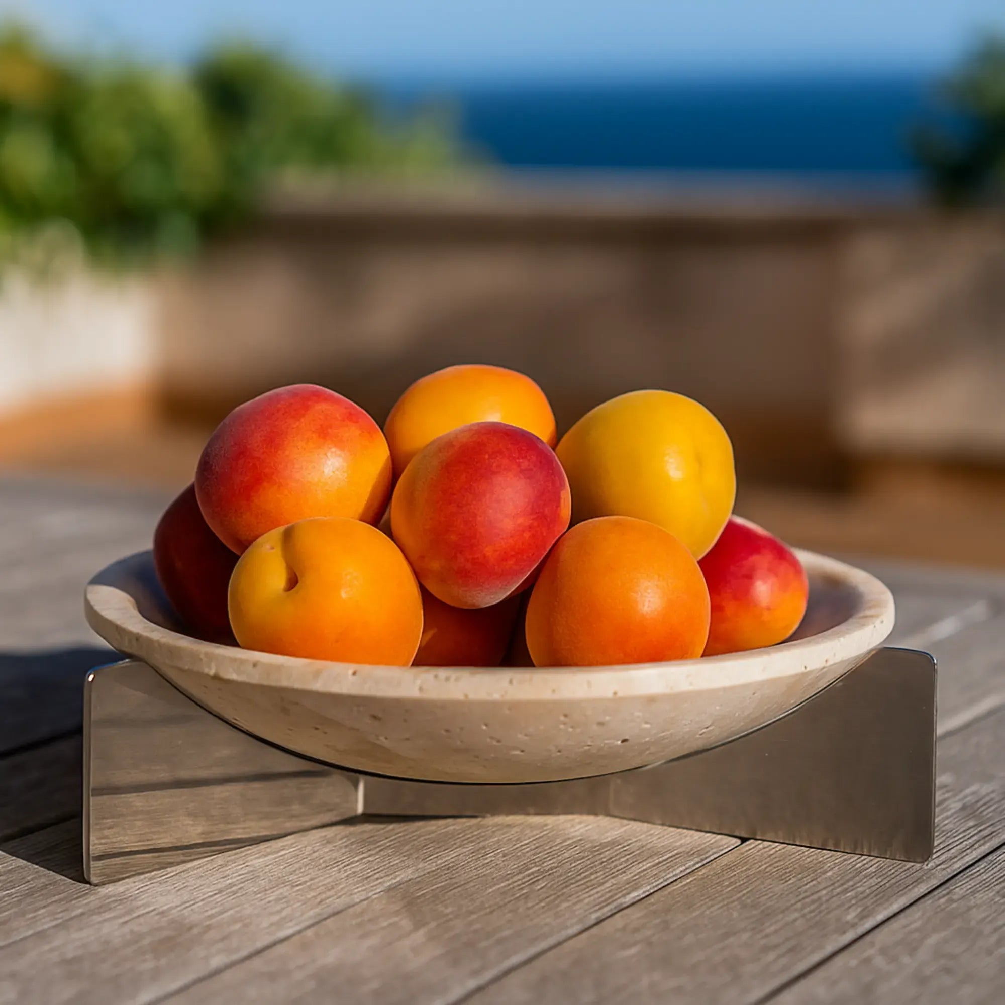 Dekoschale - rund auf Gestell - Servierschüssel Designer Obstschale Argos Warmes Travertin