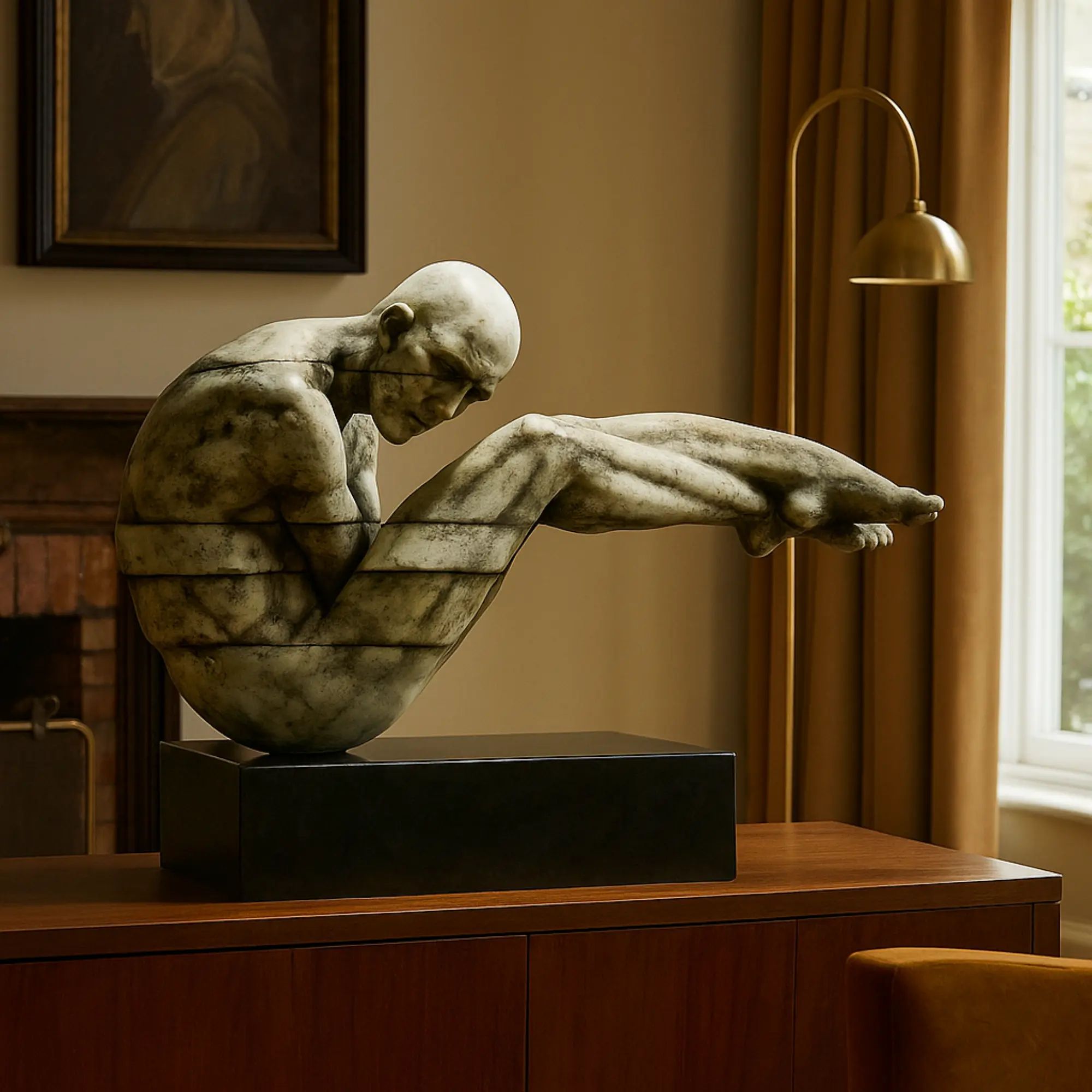 Kunststein-Skulptur - gebeugte Menschenfigur - Kunststein auf Sockel Human Arc Grau
