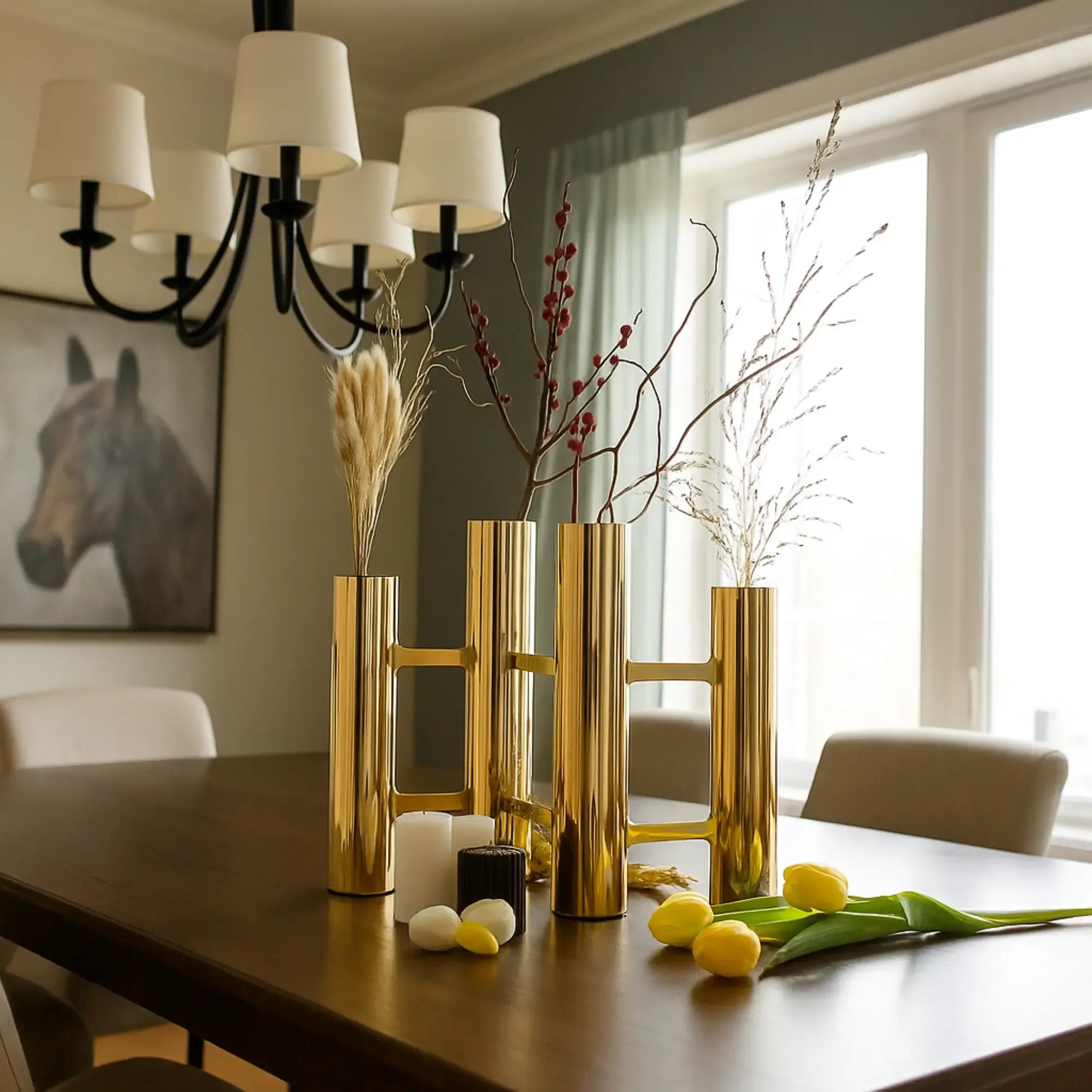 Tischvase - mit 4 Kammern - Große Metallvase mit Öffnungen für langstielige Blumen Magnifique