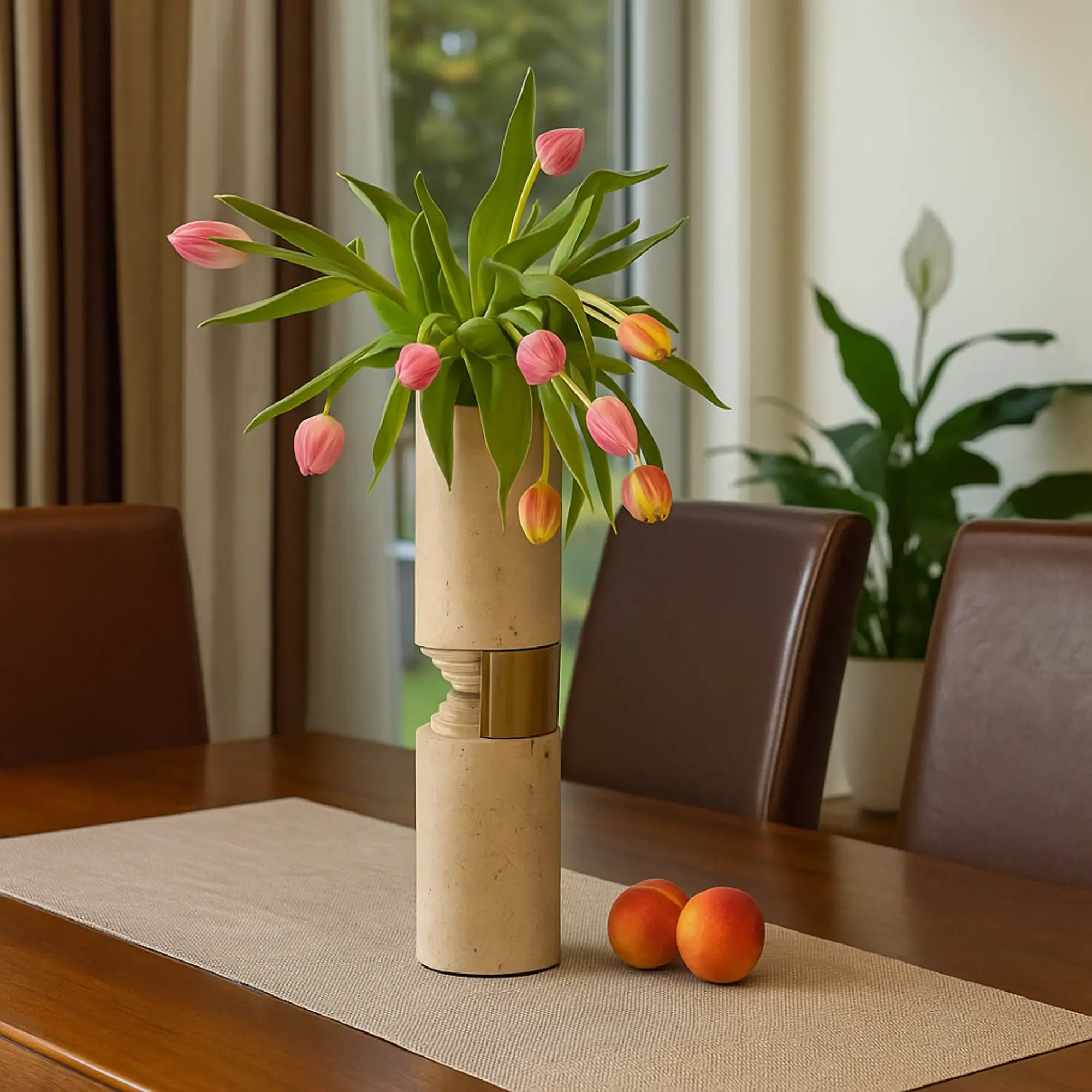 Travertinvase - mit Goldakzenten - Große Natursteinvase Travertin Designvase Argos