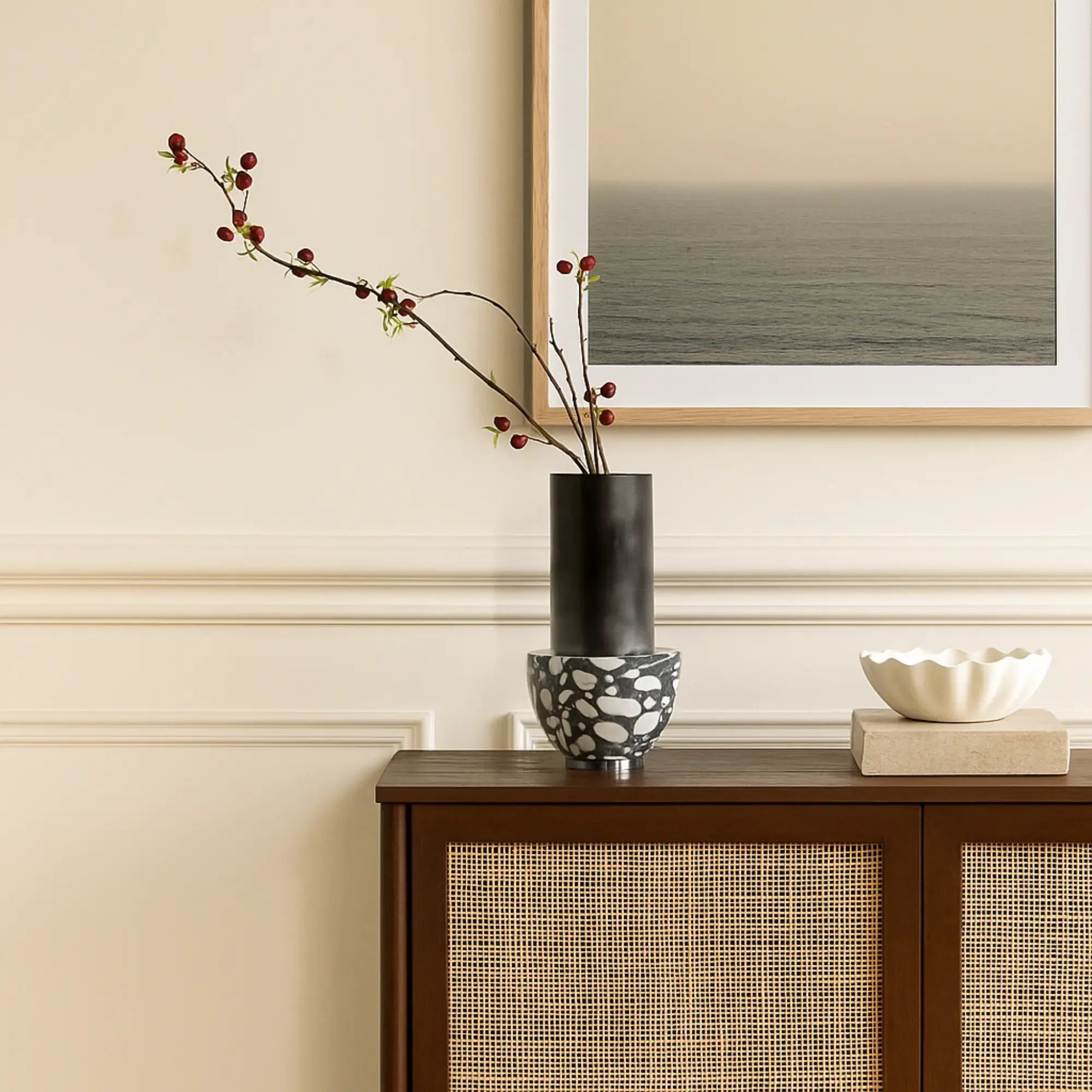 Edelstahlvase - mit Marmor - Runde Designervase Gebürstet Noble Schwarz