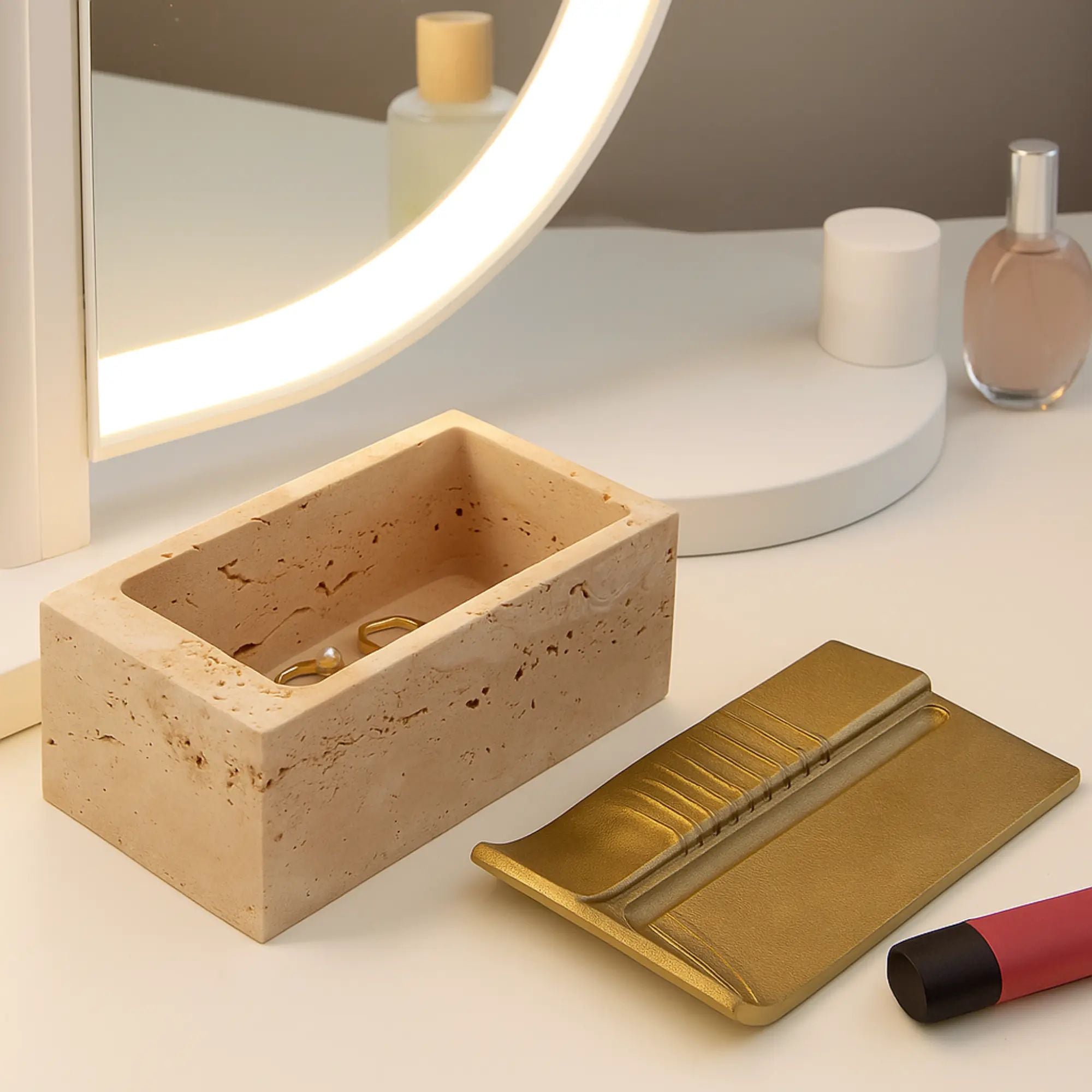 Aufbewahrungsbox - Schmuckdose aus Naturstein mit Messing-Deckel - Rechteckige Designbox Zeitlose Ablage Cassetta Aurea Klein