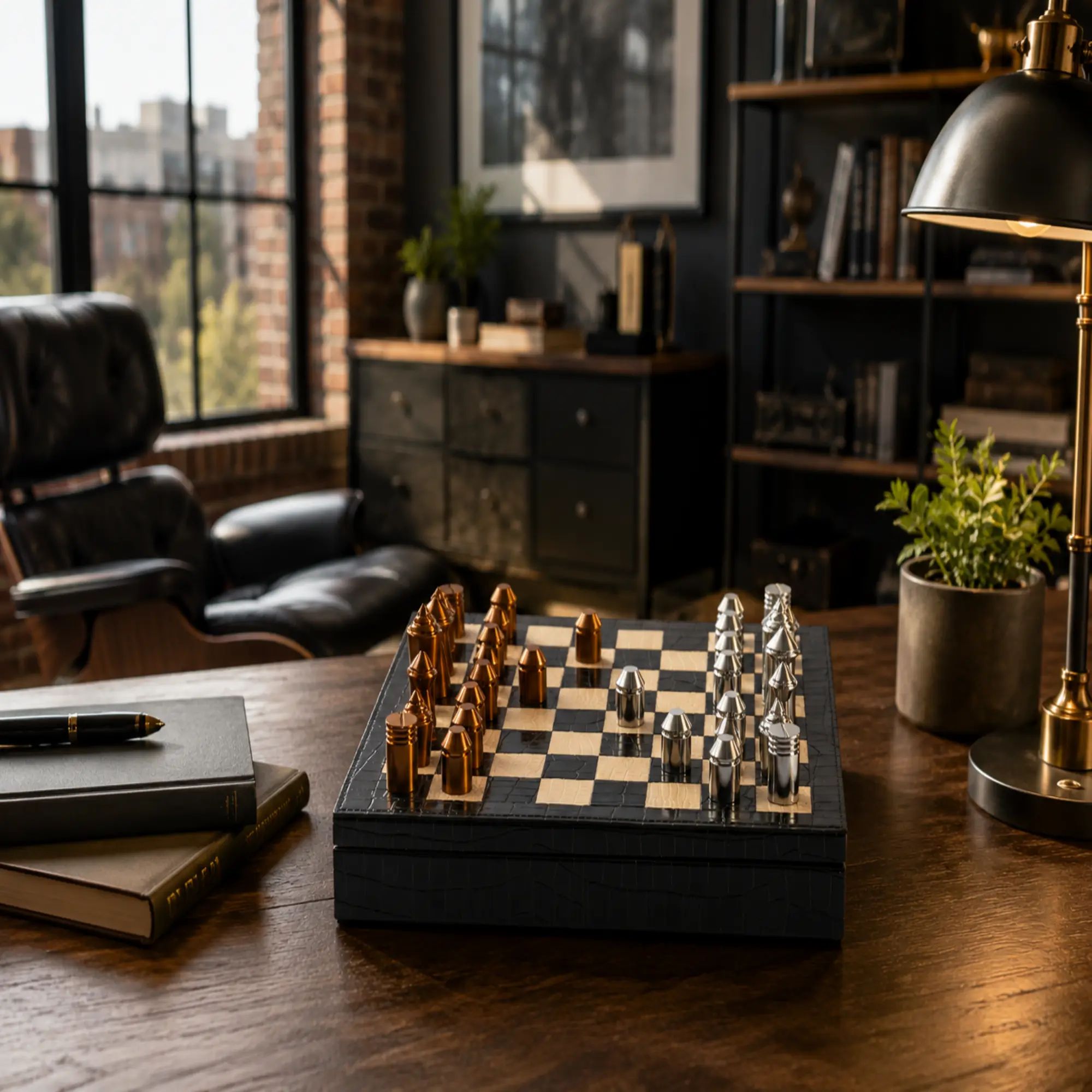 Schachspiel - Design-Brettspiel – Metall-Schach auf strukturiertem Lederkorpus, Chrom & Kupfer – Échecs Aurea Nan