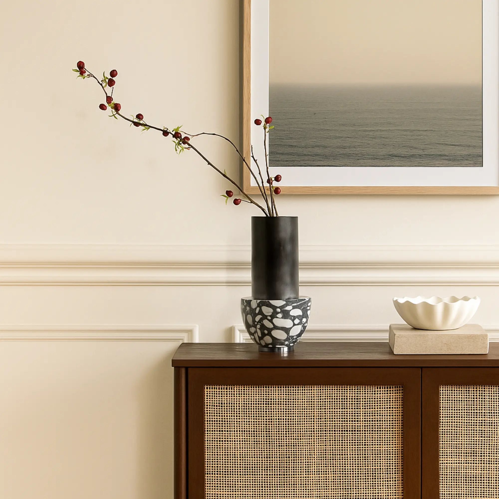 Edelstahlvase - mit Marmor - Runde Designervase Gebürstet Noble Schwarz