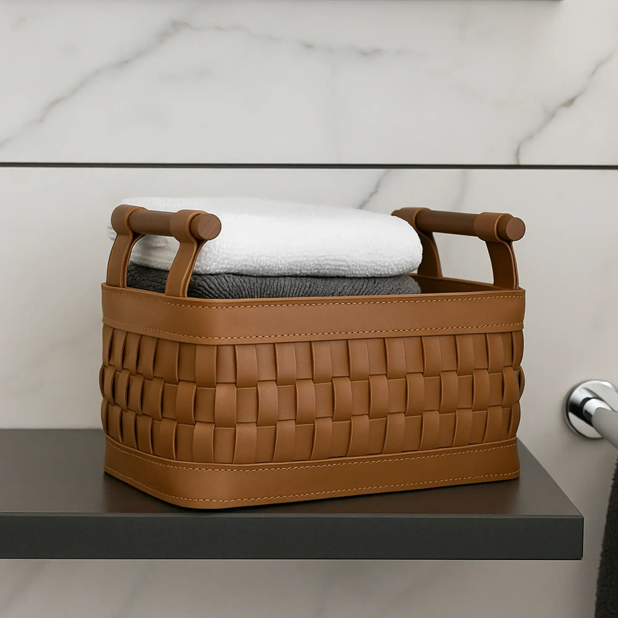 Aufbewahrungskorb - Lederkorb geflochten mit Holzgriffen – Aufbewahrungskorb Kosmetik Organizer Panier Nan