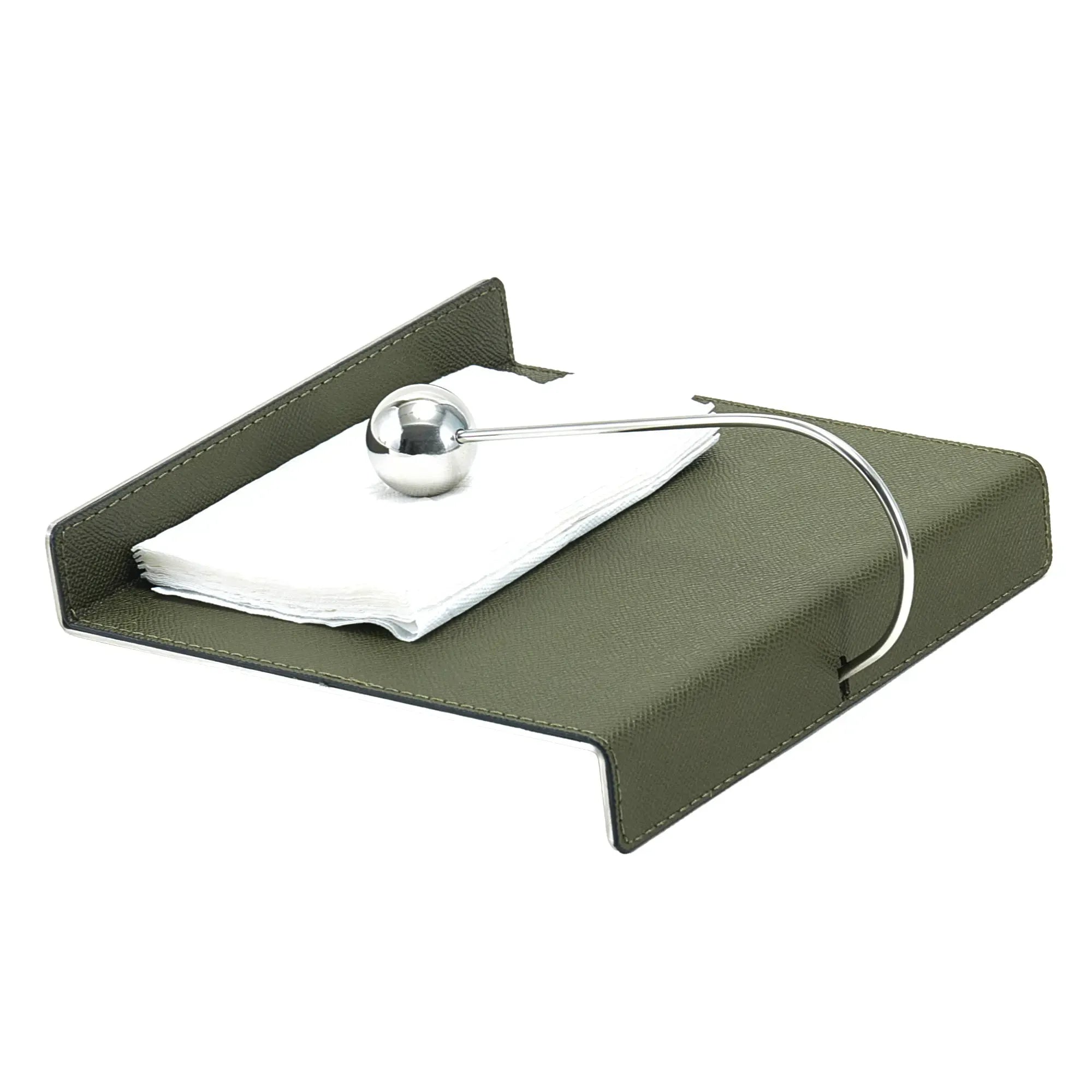 Serviettenhalter - Skulpturaler Tisch-Serviettenhalter – Olivgrüne Lederoptik mit poliertem Edelstahl-Kugelarm – Design-Küchenaccessoire Equilibre Nan