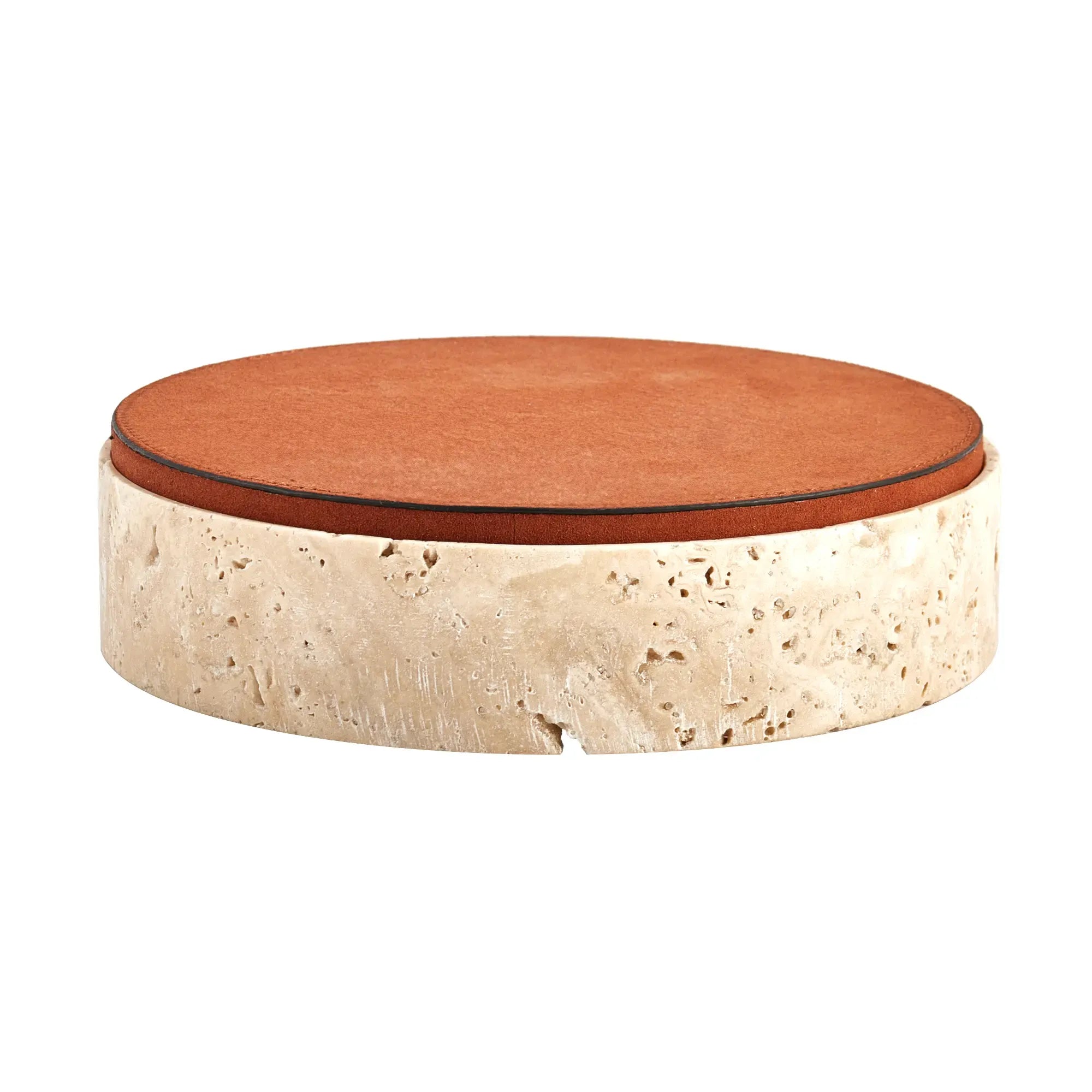 Travertin-Dose - rund mit Lederdeckel - Terracotta Aufbewahrungsdose Naturstein Schmuckbox Linea Luxe