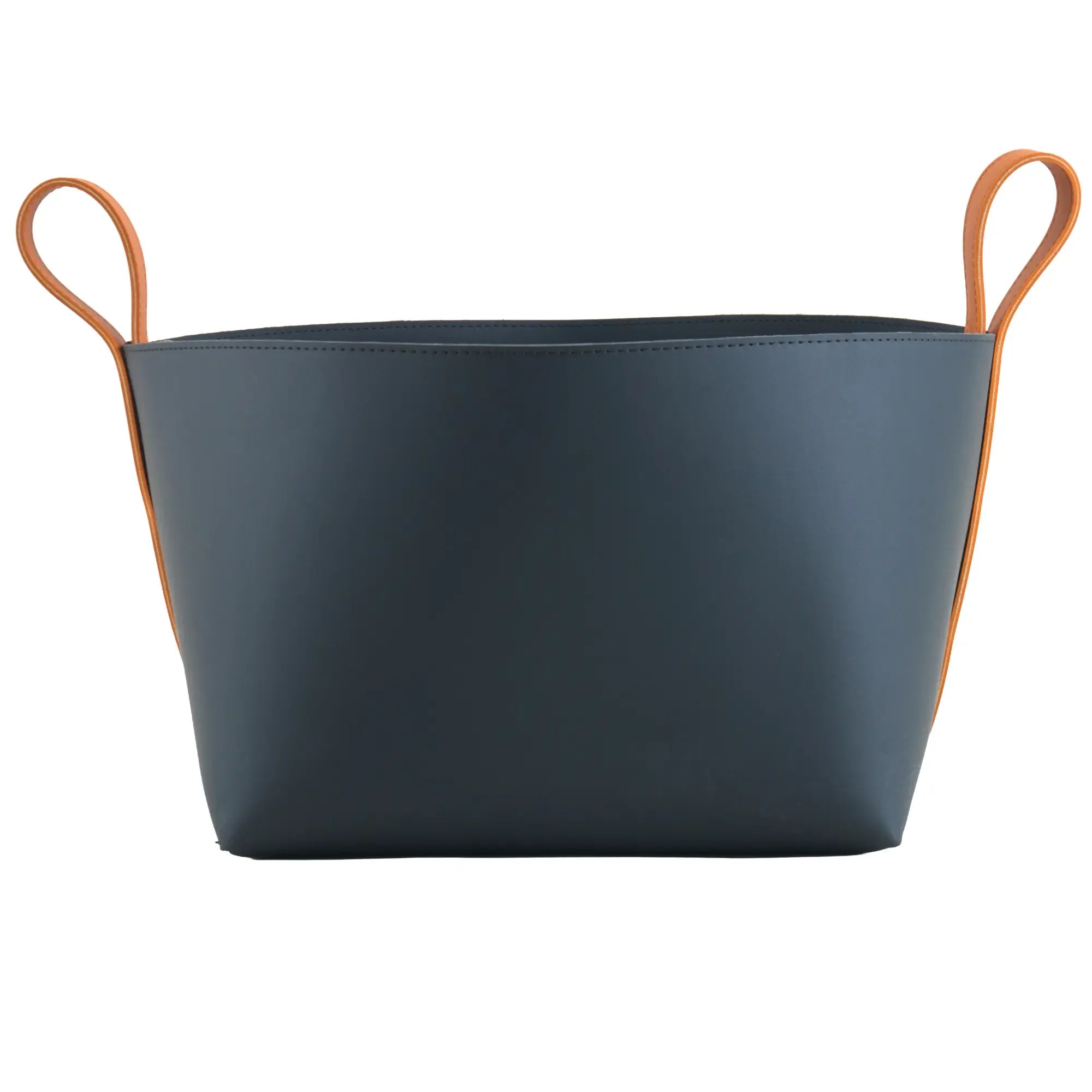Wäschekorb - Lederkorb Skulpturaler Aufbewahrungskorb – Nachtblaues Leder mit cognacfarbenen Riemengriffen – Handgefertigtes Designobjekt Arca Nan