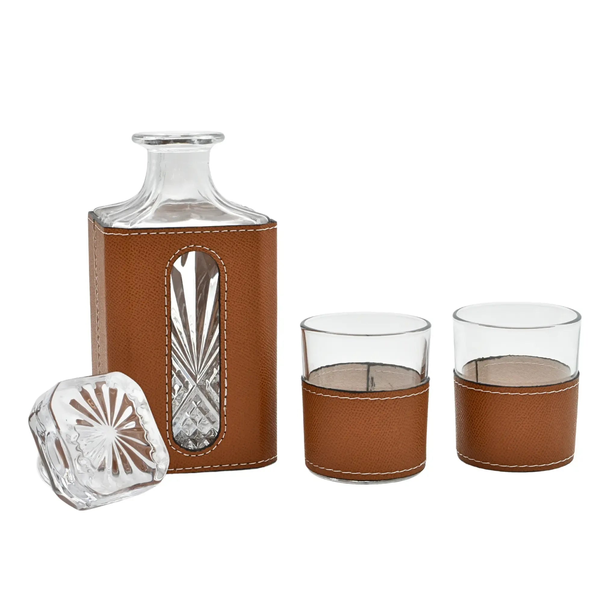 Whisky-Karaffen-Set - aus 3 Teilen mit Leder - Modernes Whiskyglas-Set Kunstlederumrandung Luxe Braun