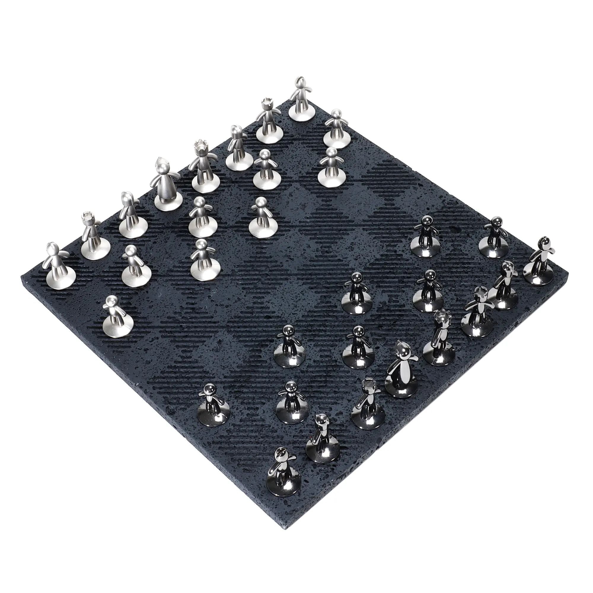 Schachspiel - Design-Spiel Skulpturales Metall auf Strukturbrett – Modernes Schachbrett mit polierten Figuren Equilibrio Nan