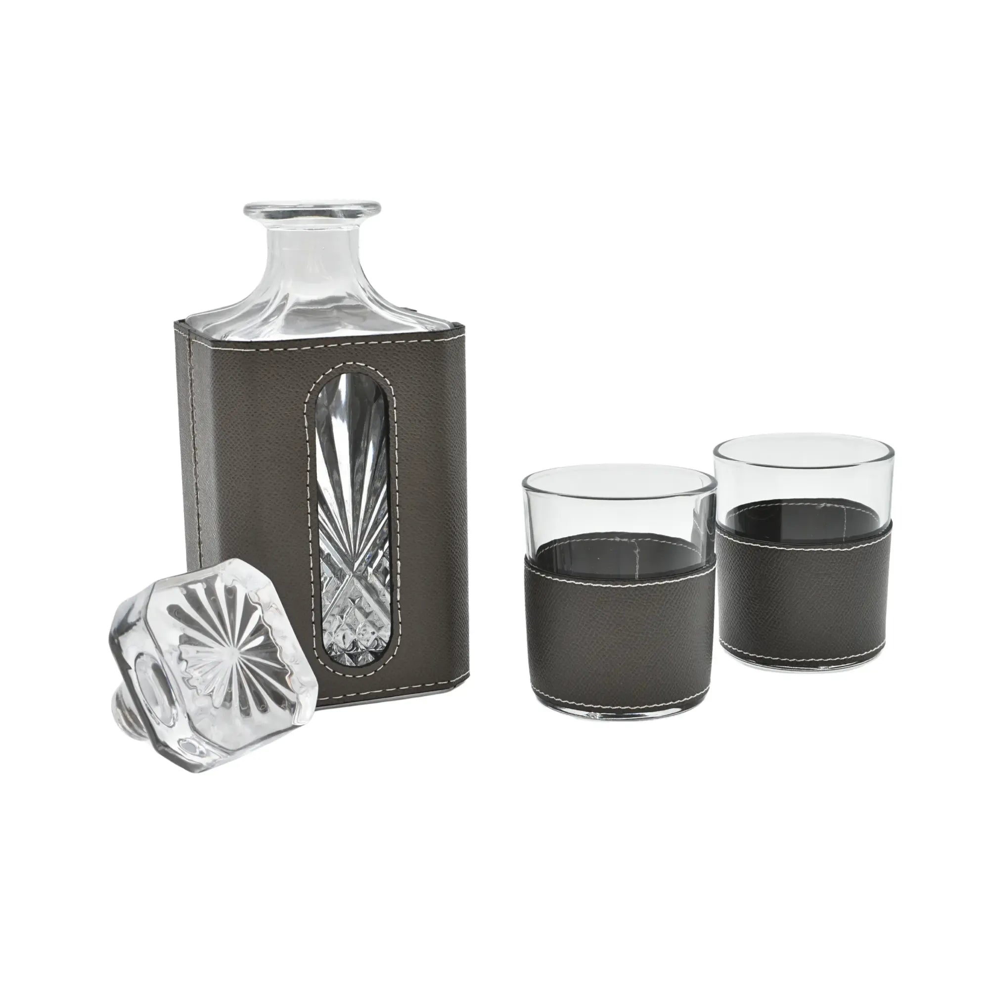 Whisky-Karaffen-Set - aus 3 Teilen mit Leder - Modernes Whiskyglas-Set Kunstlederumrandung Luxe Grau
