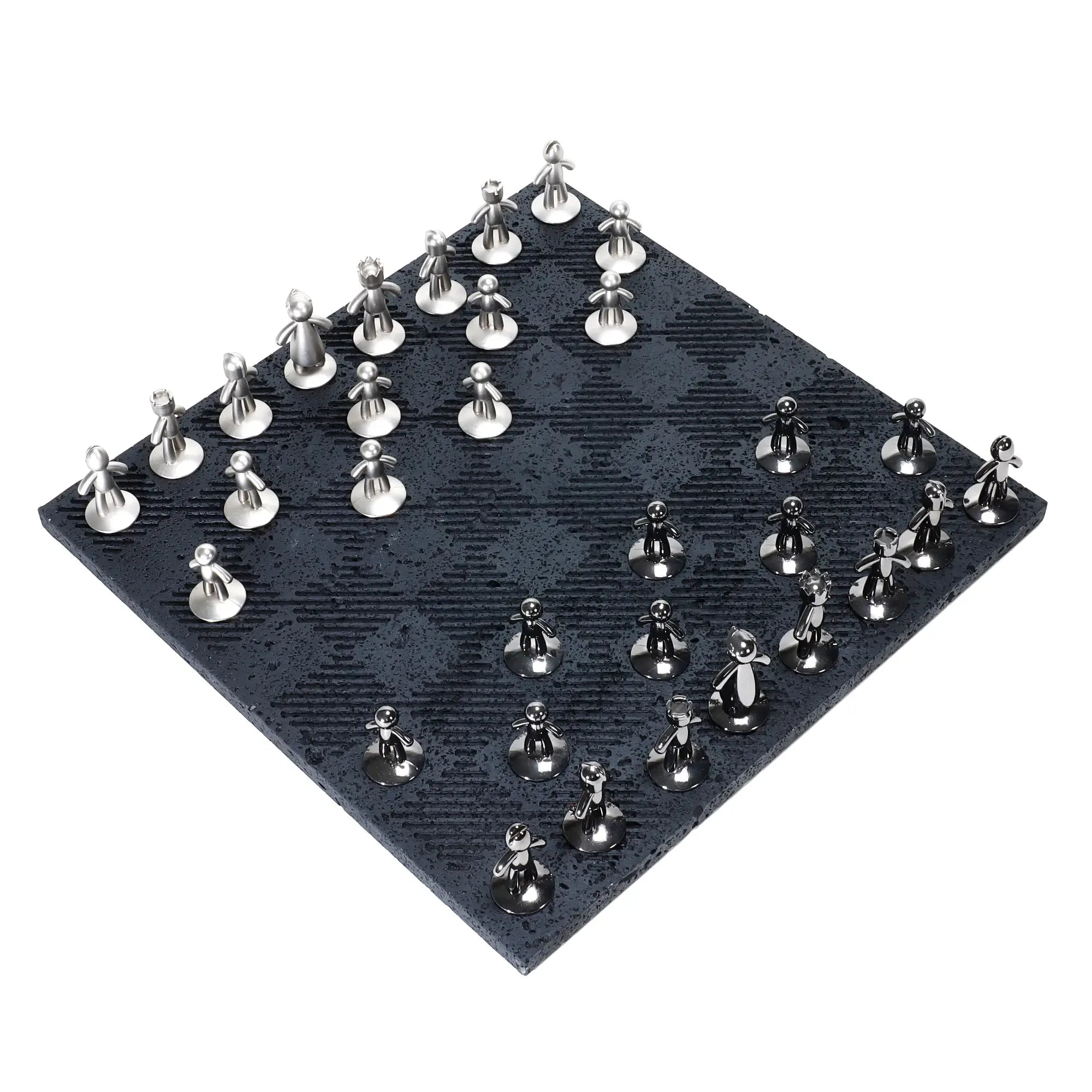 Schachspiel - Design-Spiel Skulpturales Metall auf Strukturbrett – Modernes Schachbrett mit polierten Figuren Equilibrio Nan