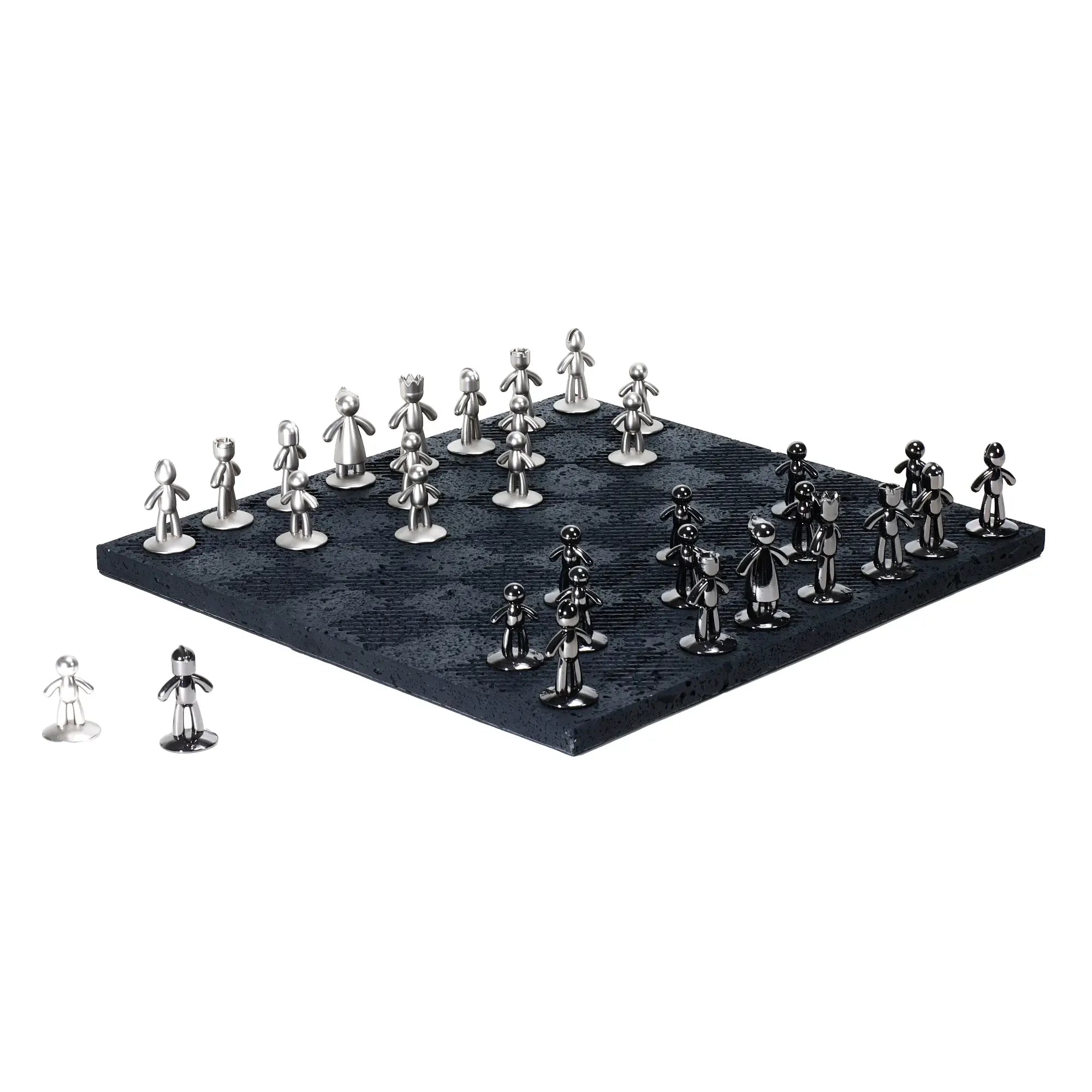 Schachspiel - Design-Spiel Skulpturales Metall auf Strukturbrett – Modernes Schachbrett mit polierten Figuren Equilibrio Nan