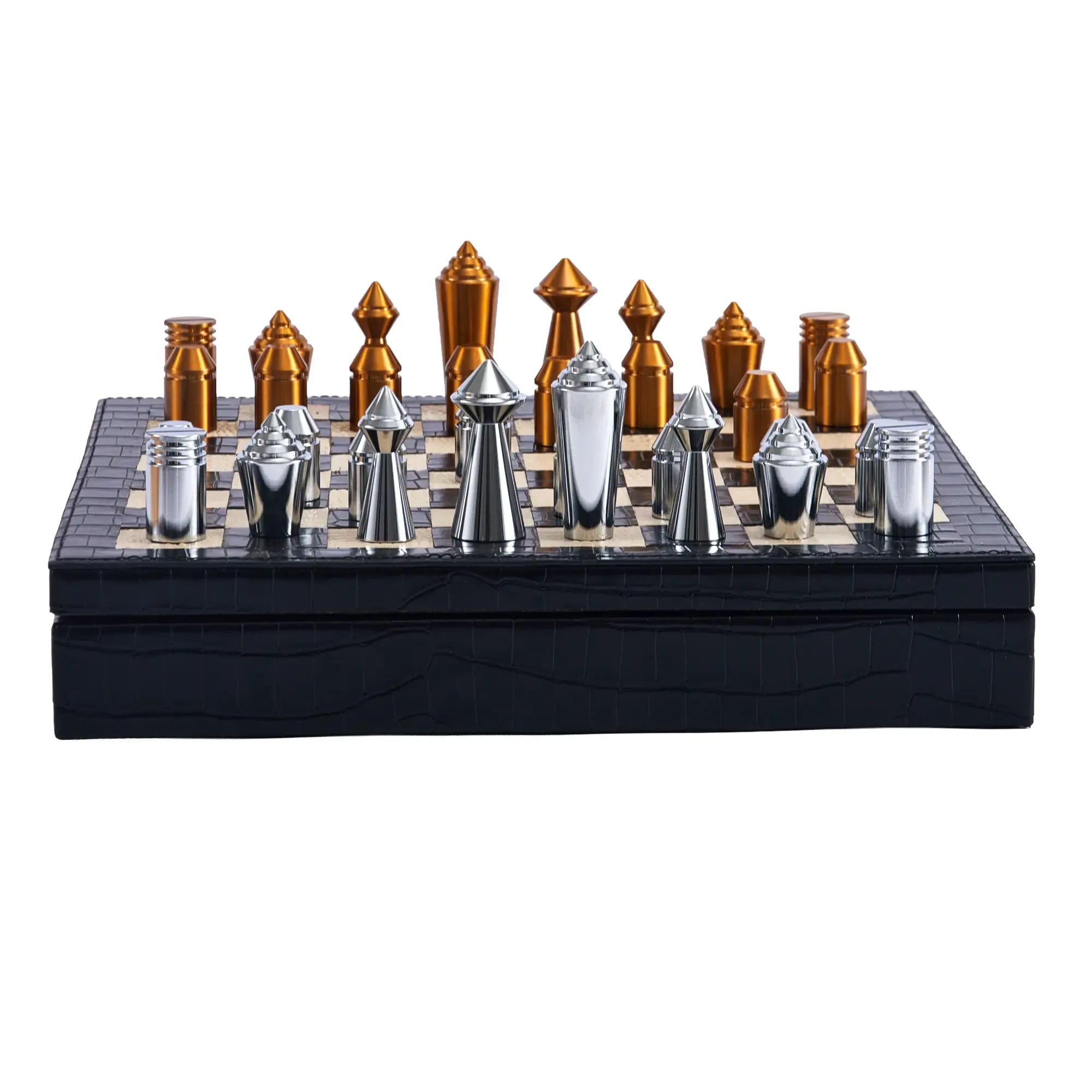 Schachspiel - Design-Brettspiel – Metall-Schach auf strukturiertem Lederkorpus, Chrom & Kupfer – Échecs Aurea Nan