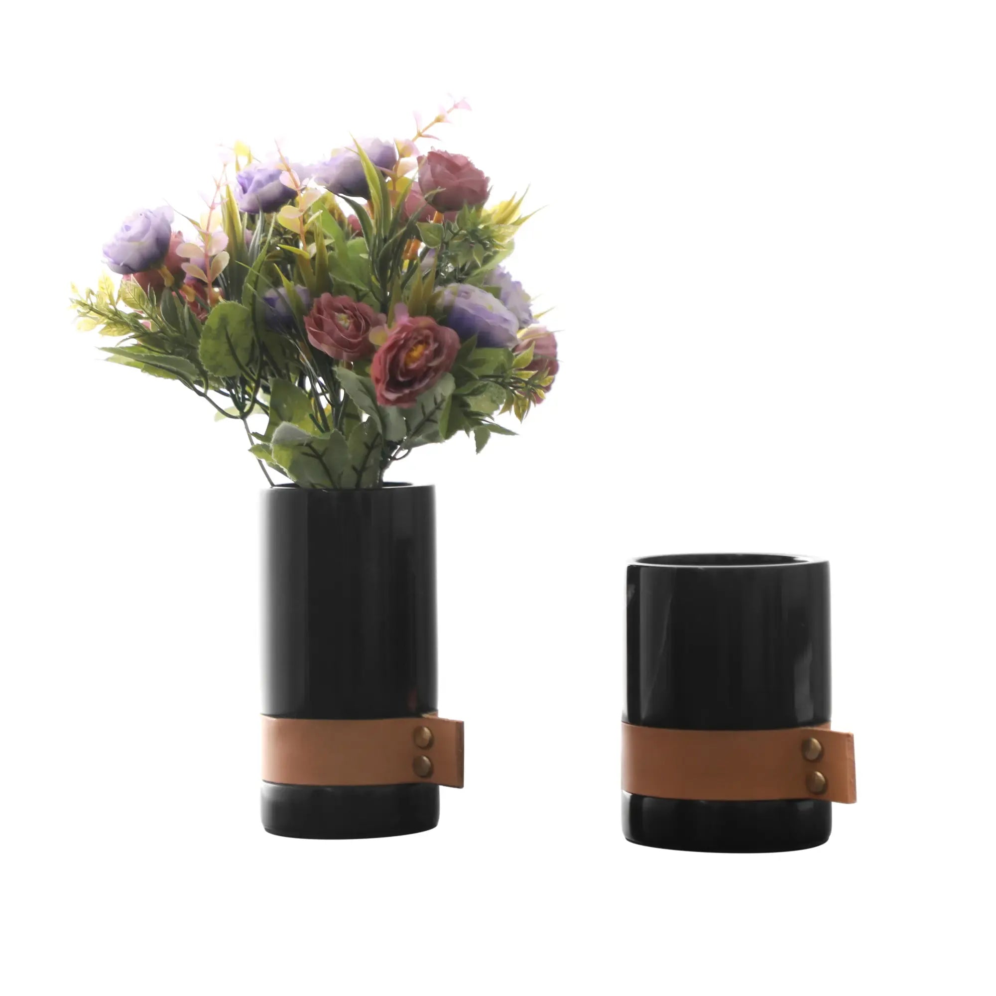 Marmorvase - rund mit Lederakzent - Kleine Tischvase Deko-Vase Stifthalter Marble Luxe Schwarz-Klein