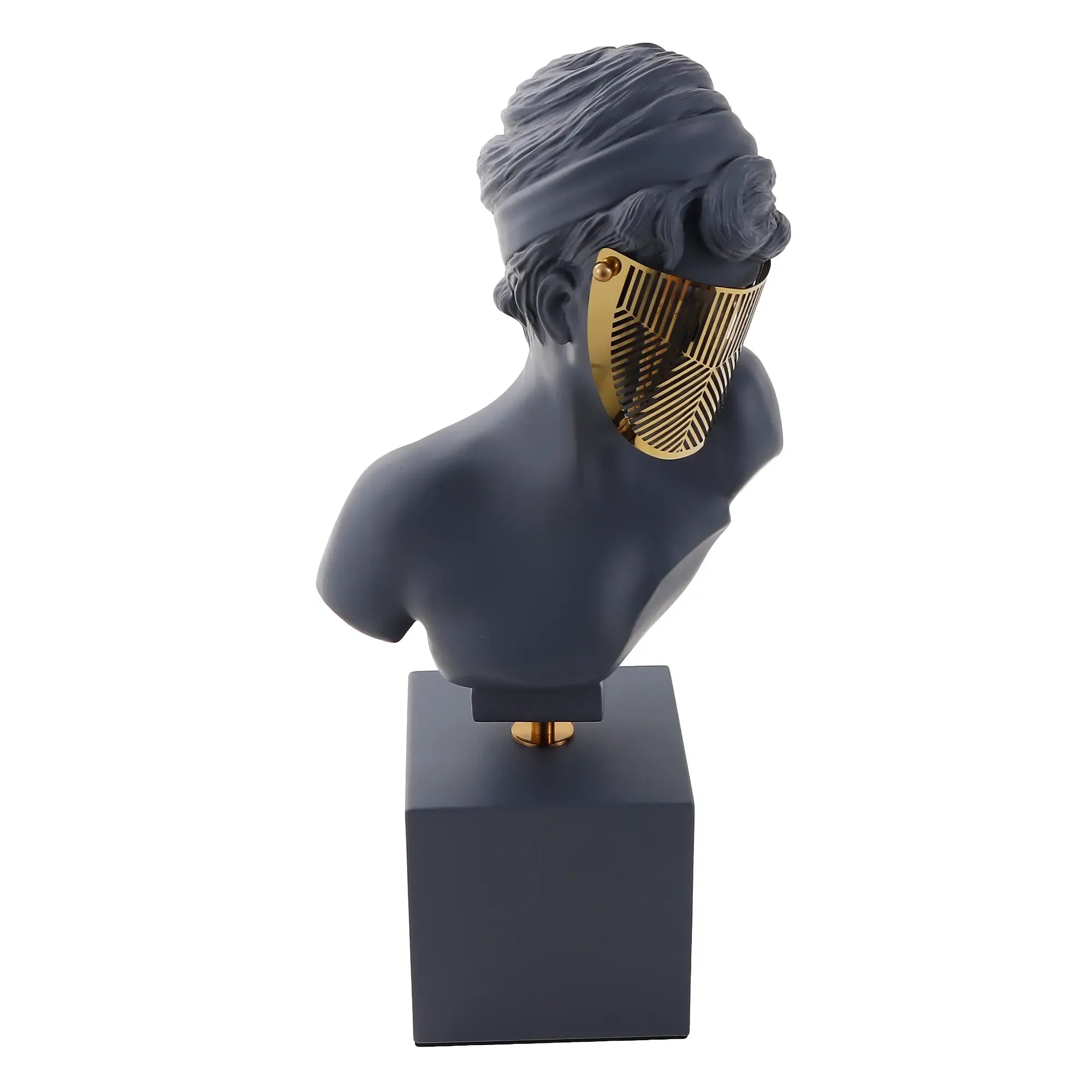 Dekobüste - Skulptur ausdrucksstarke Damenbüste – mattschwarze Kunstharz-Figur mit goldener Visierblende auf Sockel – Art-Déco Deko-Objekt Muse Aurata Nan