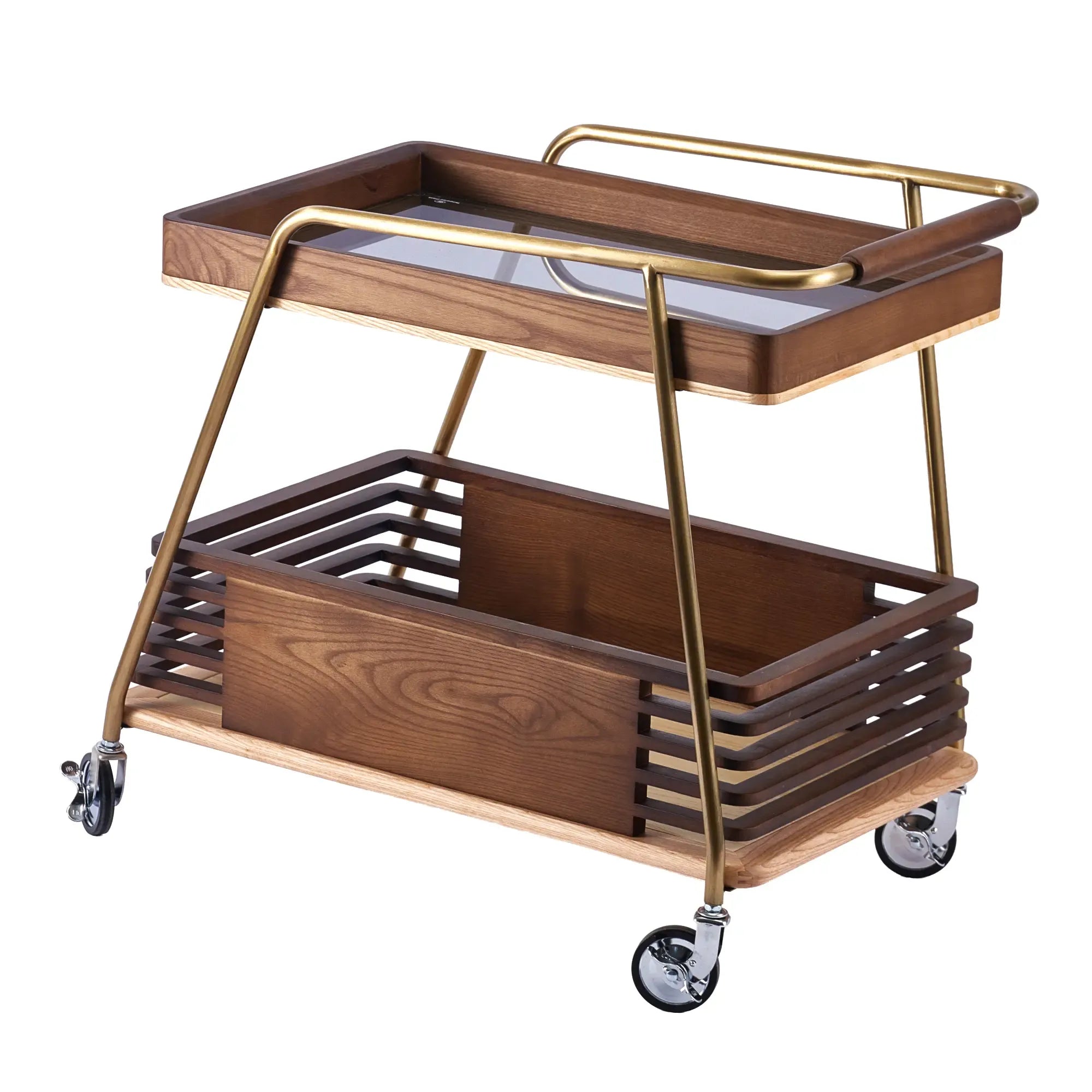 Servierwagen - Barwagen zweistufig – Nussbaumholz & Messingrahmen – Rollender Design-Trolley Mid‑Century Linea Aurea Nan