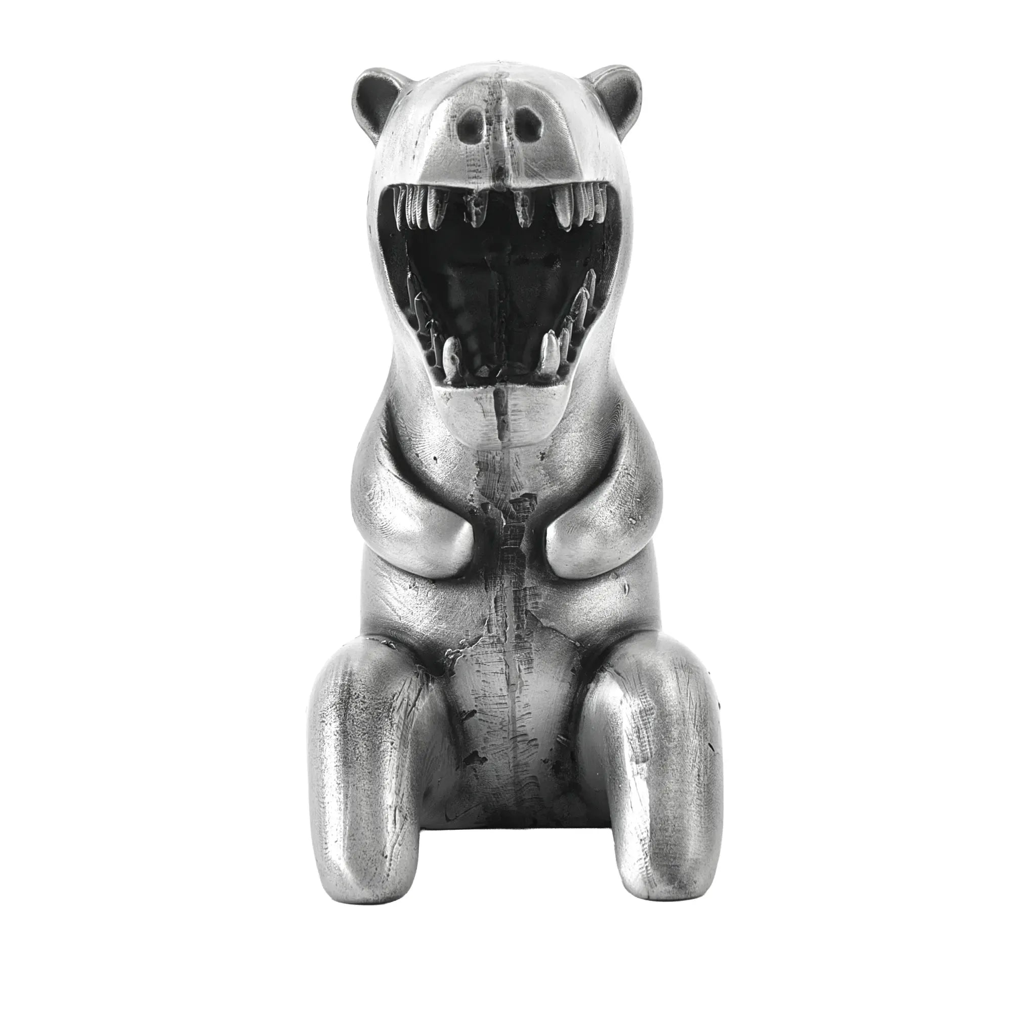 Cartoonfigur - Dino T-Rex Skulptur – Metallguss Dekofigur Silber – Abstrakte Dinosaurier Sammler-Deko Bestia Nan