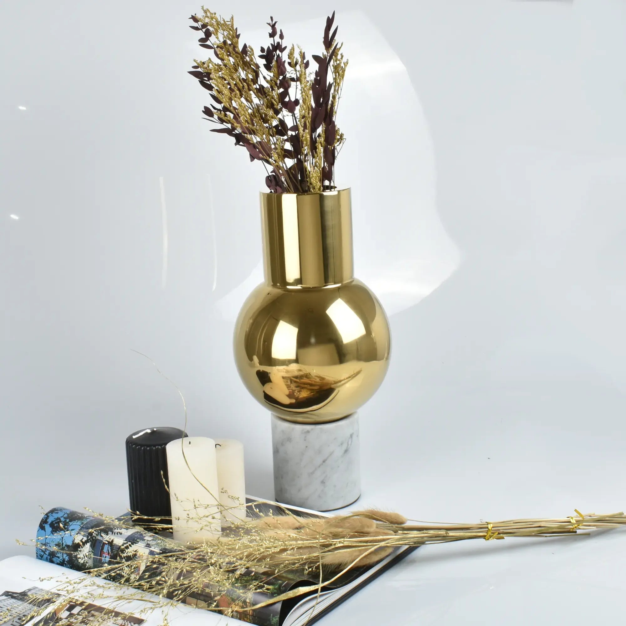 Vase - mit Marmorgestell - Runde Tischvase Edelstahlvase Fatroly Goldi