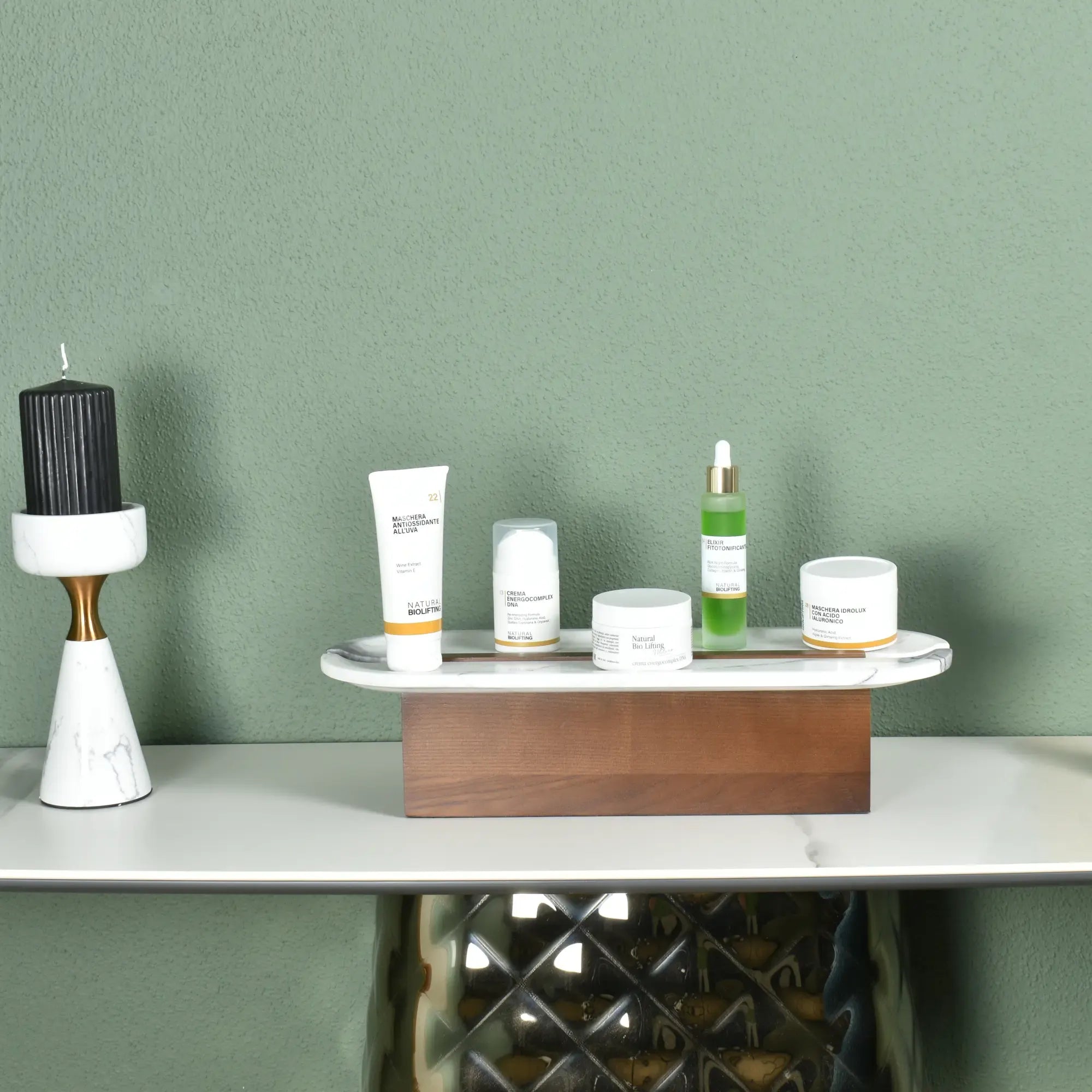 Marmorschale - auf Holzfuß - Design Dekoschale hochwertige Tischdeko Marbre Élégance Groß