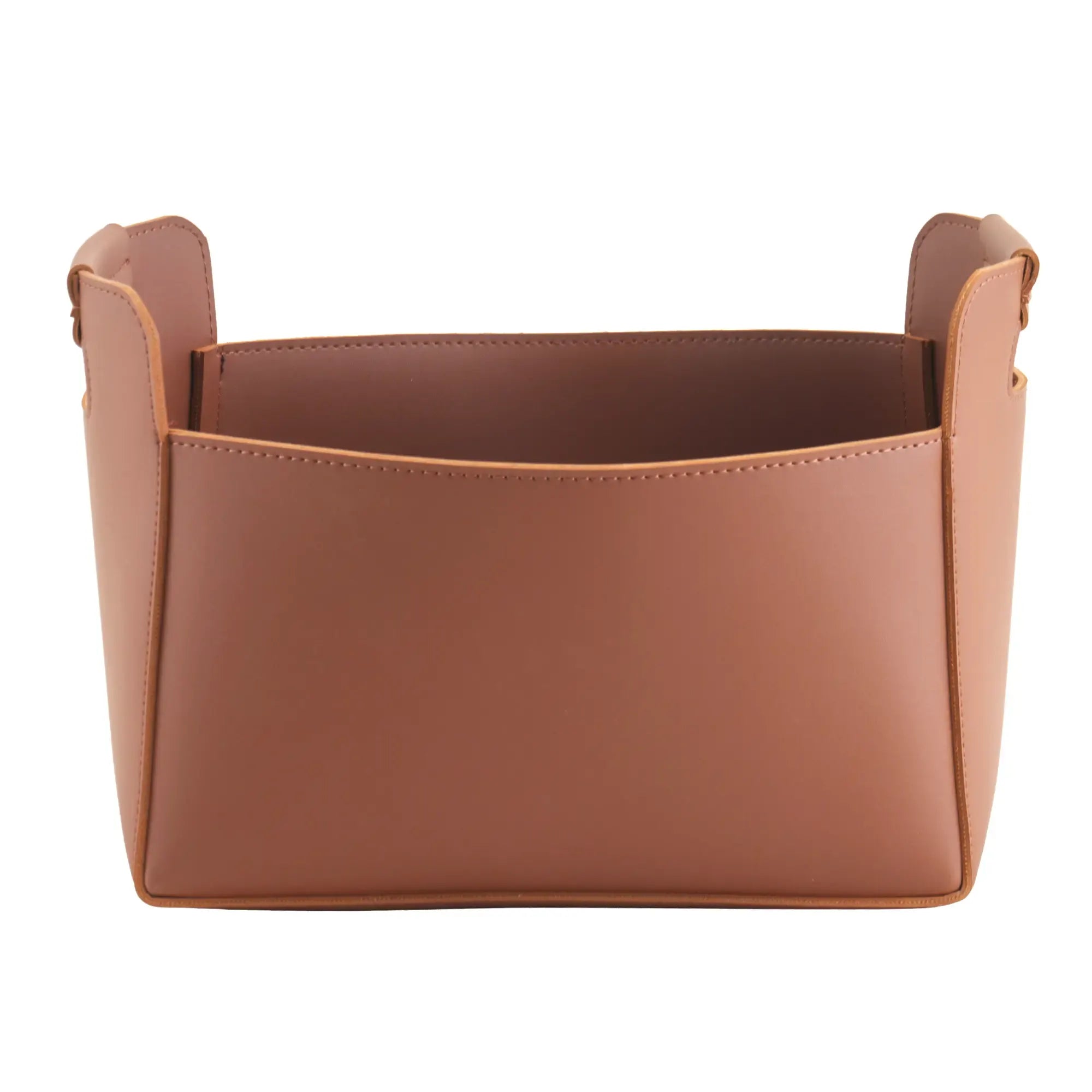 Aufbewahrungskorb - Lederkorb Skulpturaler Organizer – cognacfarbene Lederoptik, handvernäht – Cut-out-Griffe mit Polsterung Arca Nan