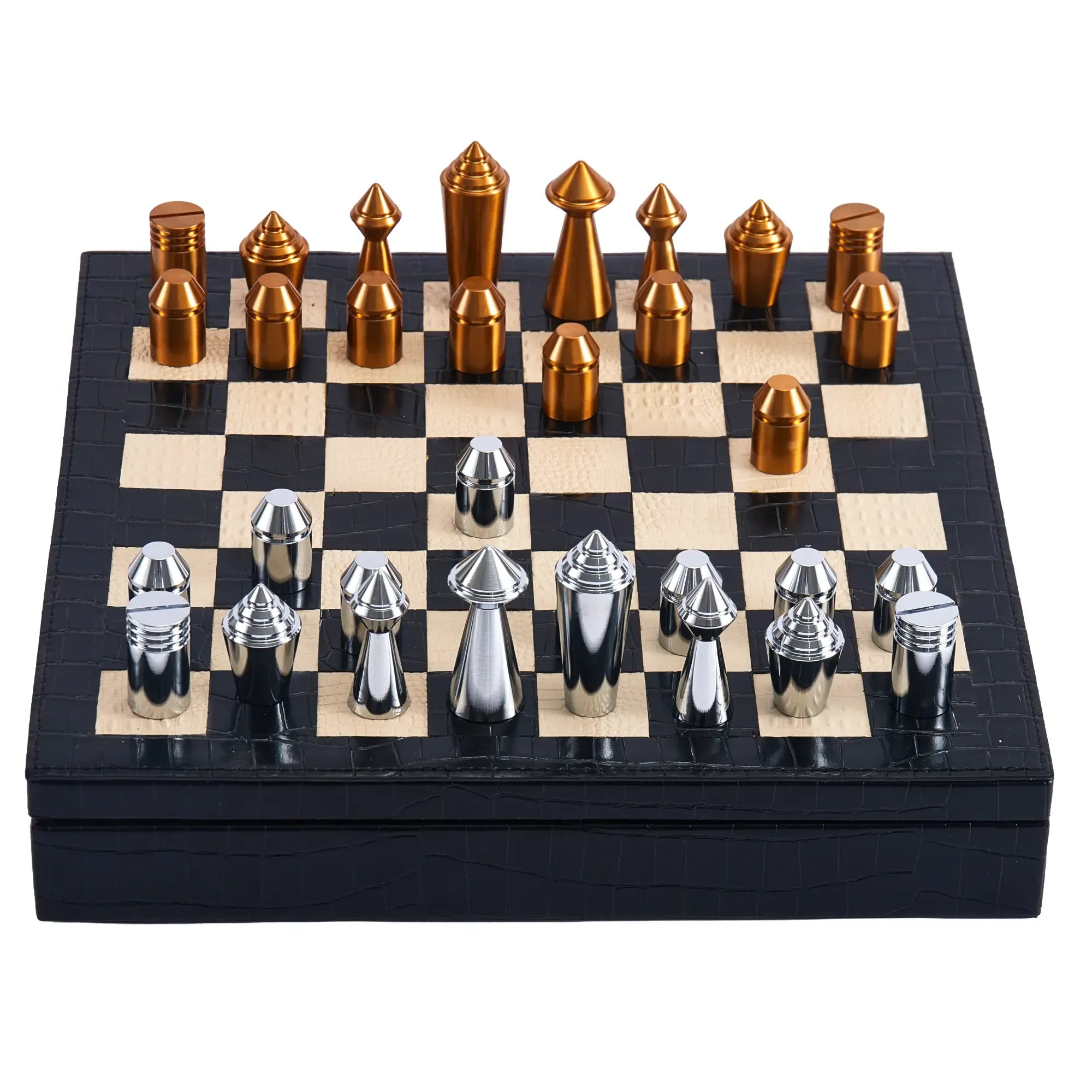 Schachspiel - Design-Brettspiel – Metall-Schach auf strukturiertem Lederkorpus, Chrom & Kupfer – Échecs Aurea Nan