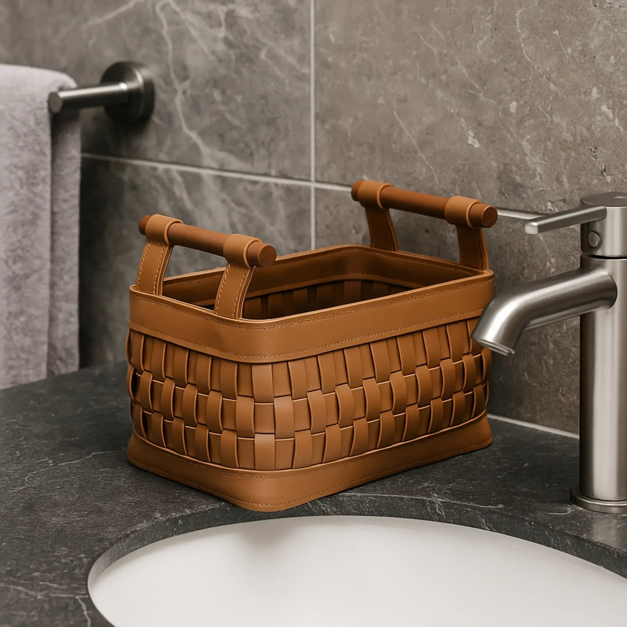 Aufbewahrungskorb - Lederkorb geflochten mit Holzgriffen – Aufbewahrungskorb Kosmetik Organizer Panier Nan