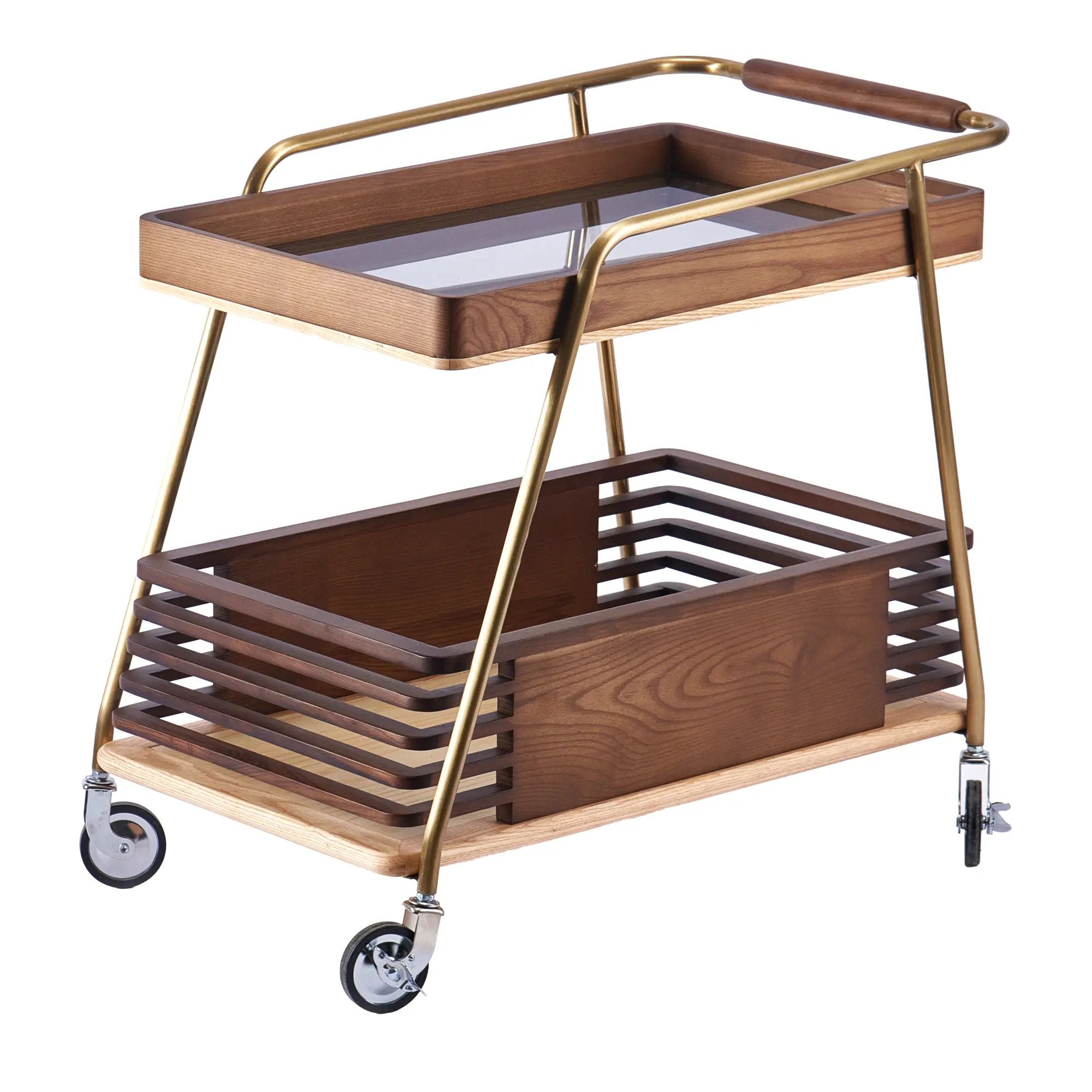 Servierwagen - Barwagen zweistufig – Aus Nussbaumholz – Rollender Design-Trolley Kaffeewagen Aurea Nan