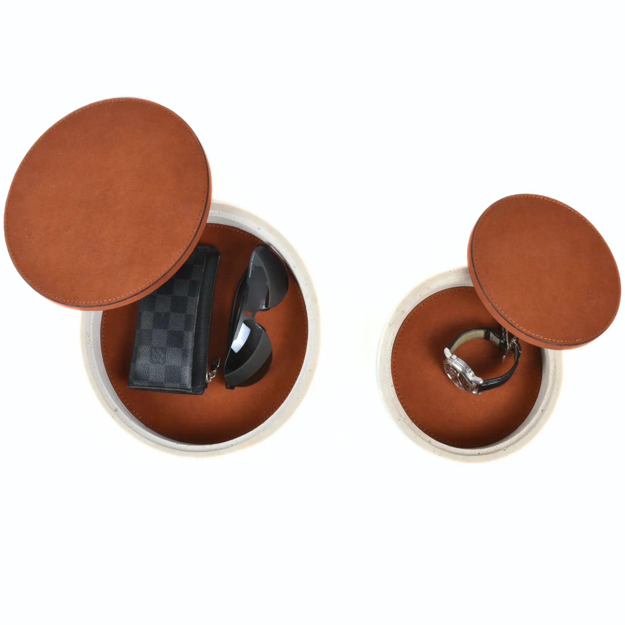 Travertin-Dose - rund mit Lederdeckel - Terracotta Aufbewahrungsdose Naturstein Schmuckbox Linea Luxe