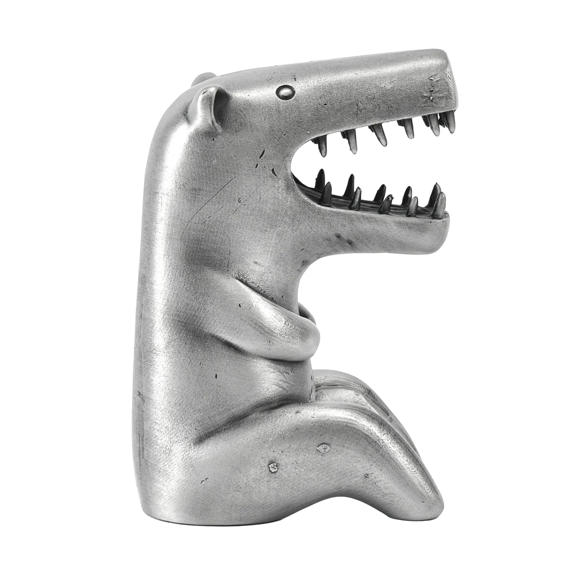 Cartoonfigur - Dino T-Rex Skulptur – Metallguss Dekofigur Silber – Abstrakte Dinosaurier Sammler-Deko Bestia Nan