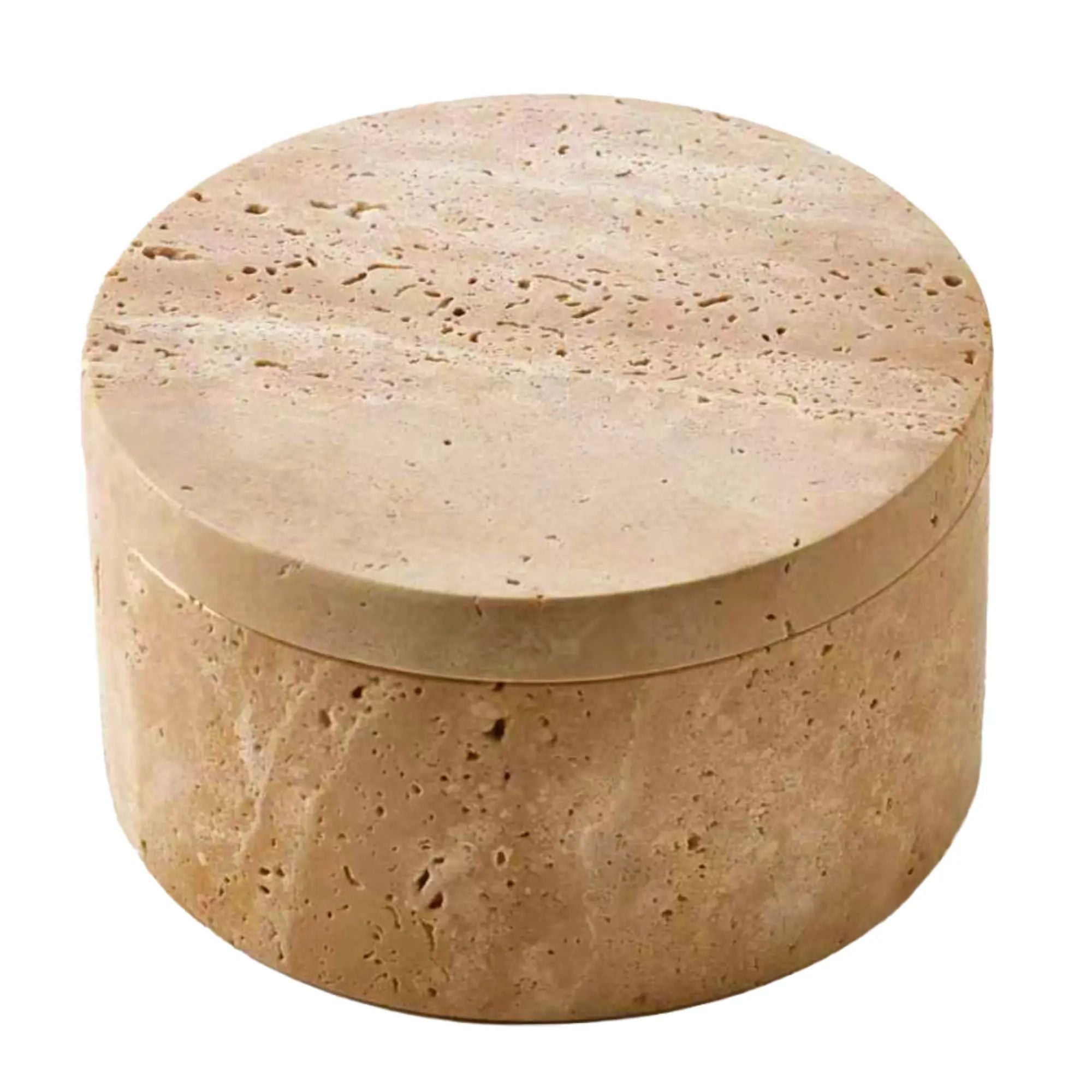 Schmuckkästchen - Runde Aufbewahrungsdose – Travertin Naturstein mit Deckel – Minimalistische Schmuckbox Designobjekt Pietra Siena Nan