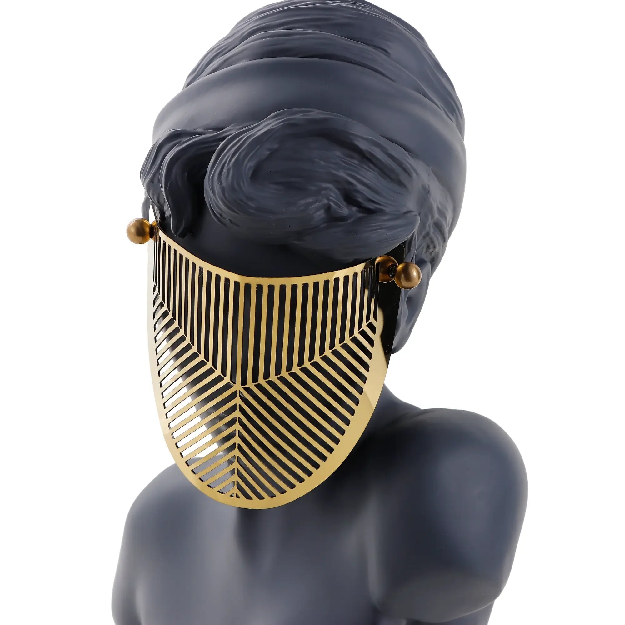 Dekobüste - Skulptur ausdrucksstarke Damenbüste – mattschwarze Kunstharz-Figur mit goldener Visierblende auf Sockel – Art-Déco Deko-Objekt Muse Aurata Nan