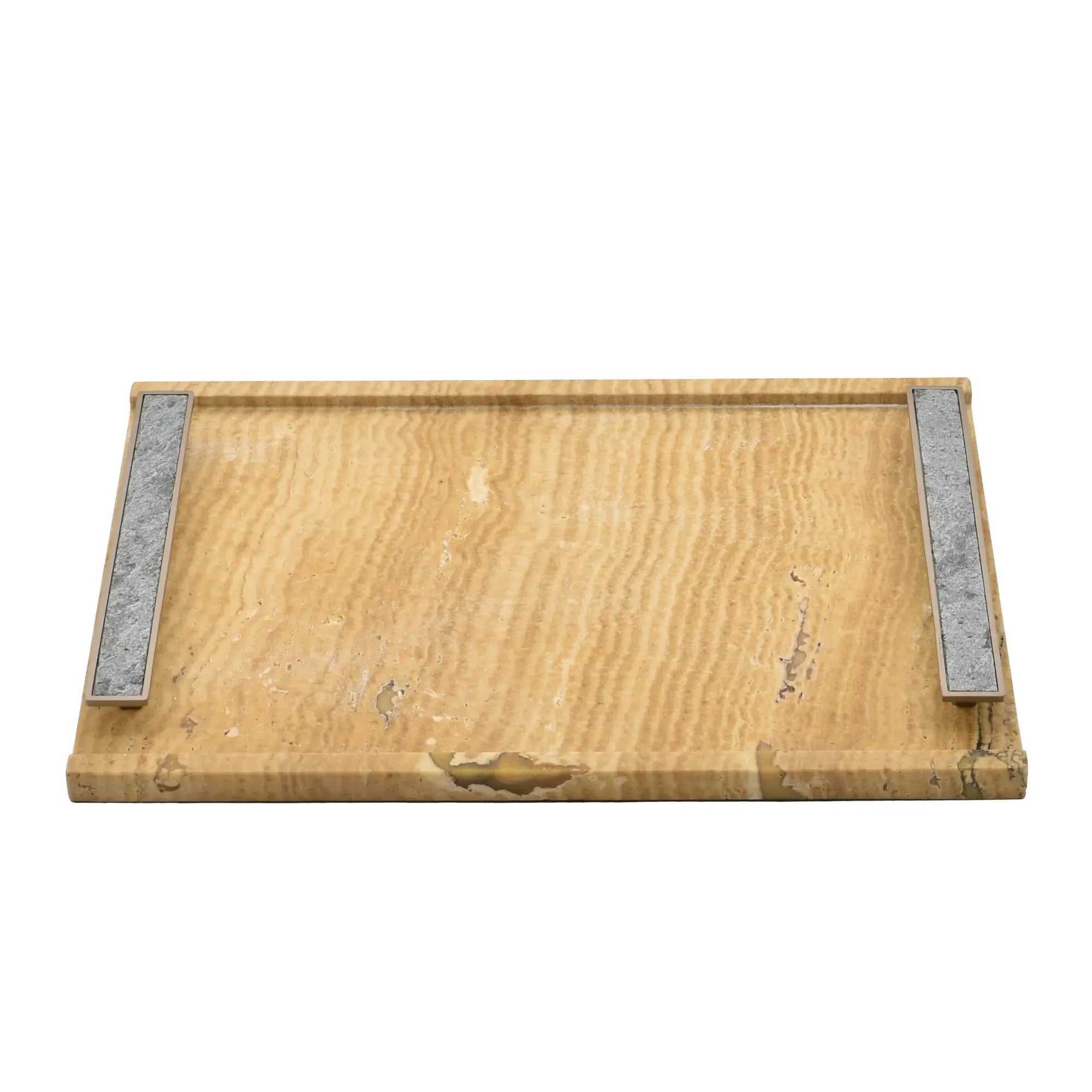 Tablett - Naturstein mit Metallgriffen - Serviertablett – Rechteckiges Marmortablett Servierplatte Aurea Nan