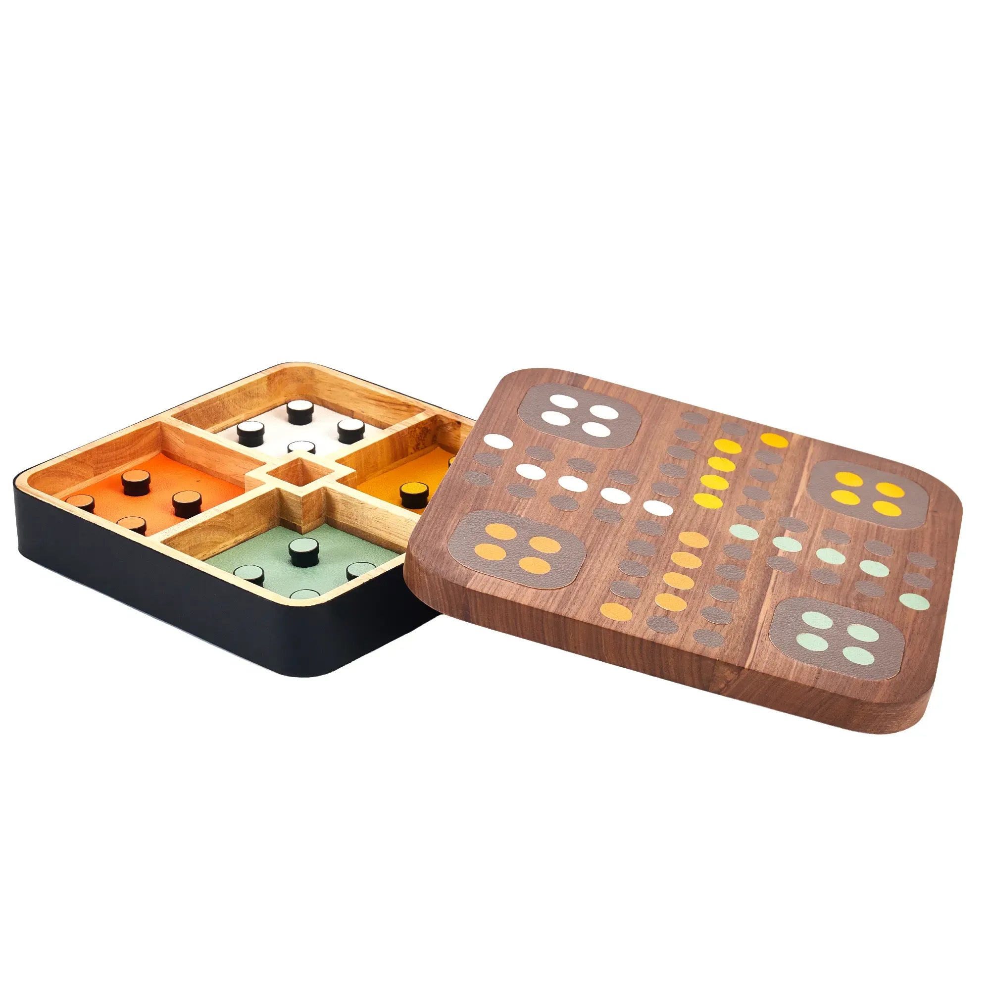 Solitaire-Spiel - Edles Design-Tischspiel aus Holz – Peg-Solitär auf mattschwarzem Sockel – Modernes Raster-Brettspiel – Ludus Équilibre Nan