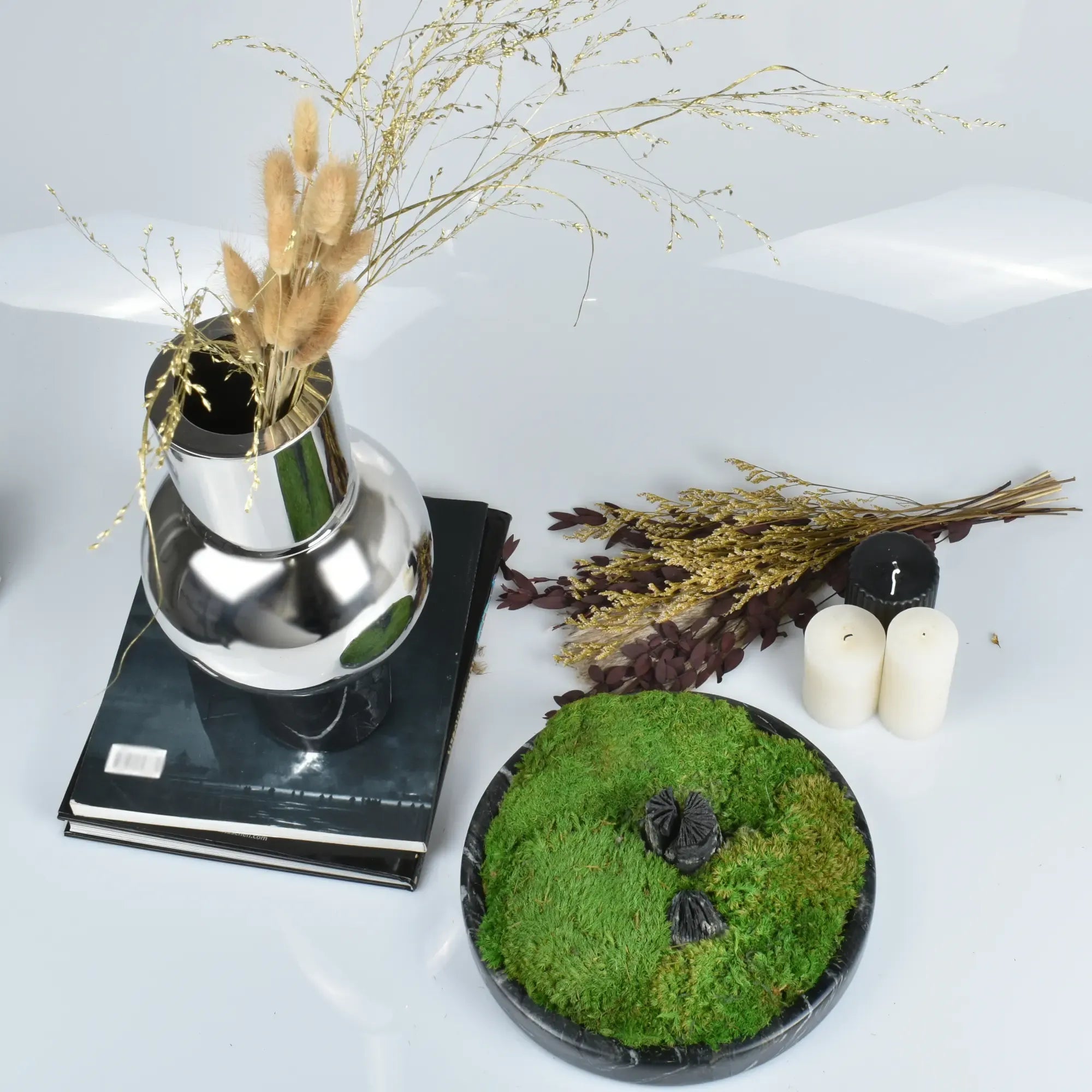 Moosdekoration - in Marmorschale - Runde Moos-Dekoschale mit Holzelement Terra Lux