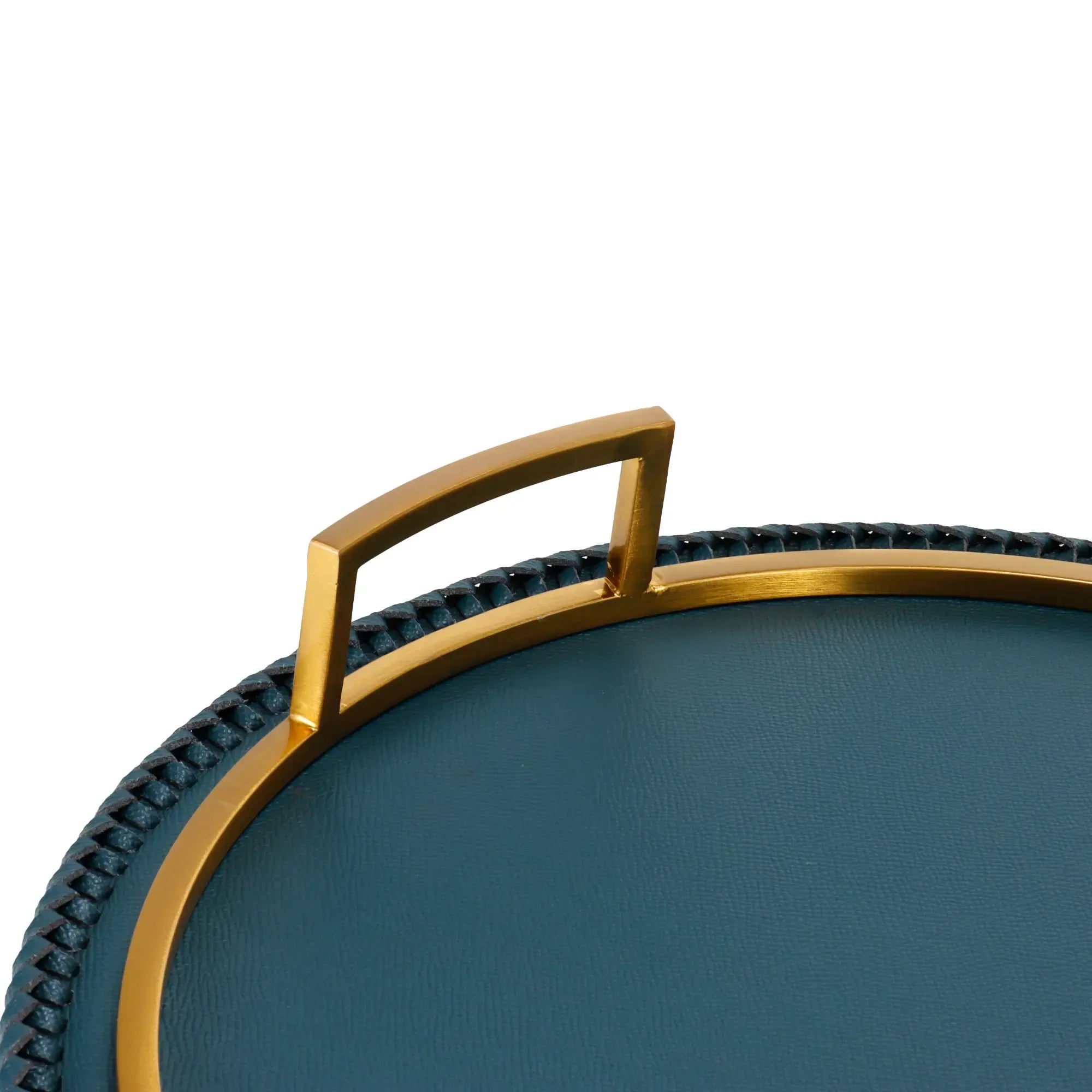 Serviertablett - Rundes Tablett – Kunstleder Petrol mit Griffen, handgenähte Serviertablage – Designobjekt Doré Nan