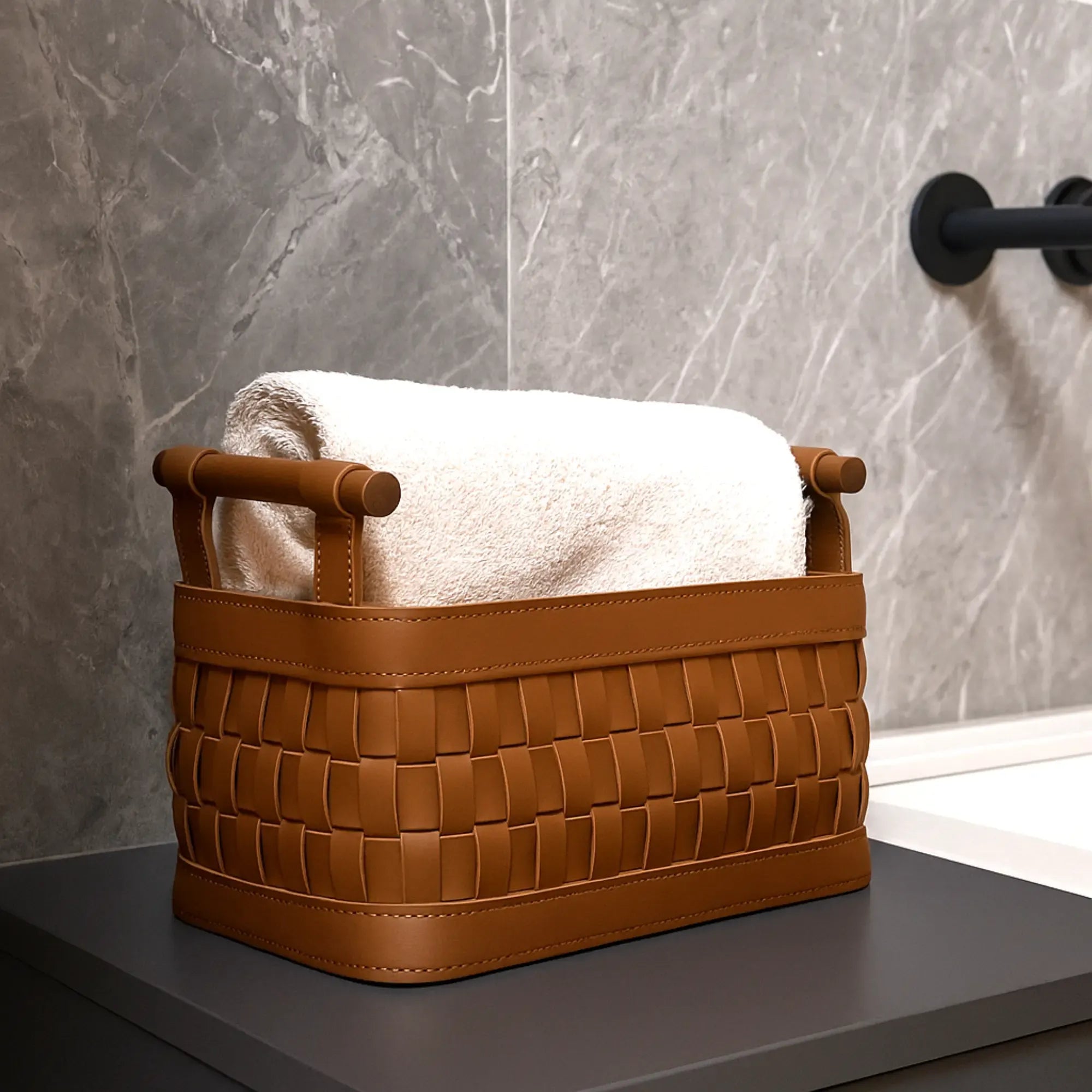 Aufbewahrungskorb - Lederkorb geflochten mit Holzgriffen – Aufbewahrungskorb Kosmetik Organizer Panier Nan